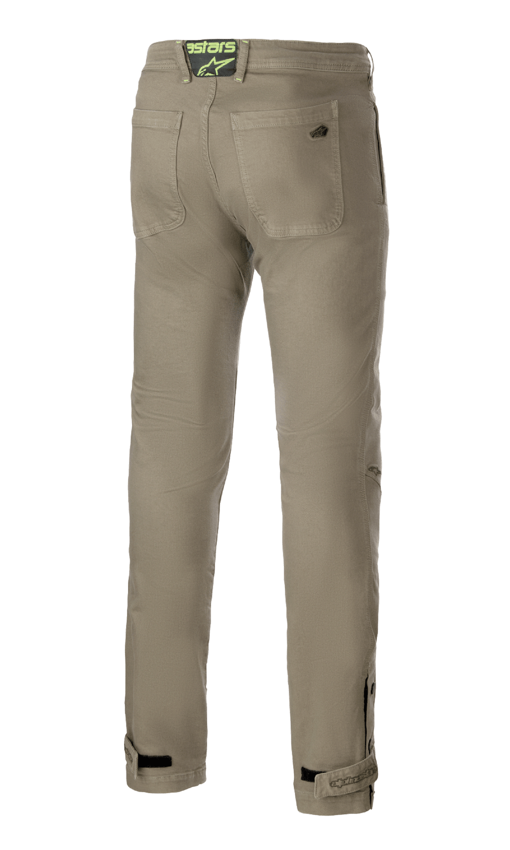 Alpinestars Stratos Regular Fit Tech Riding Pants, Military Green, baksida med två bakfickor och ett neongrönt logomärke på linningen, avsmalnande ben med justerbara ankelremmar, avslappnade motorcykelbyxor i street-stil