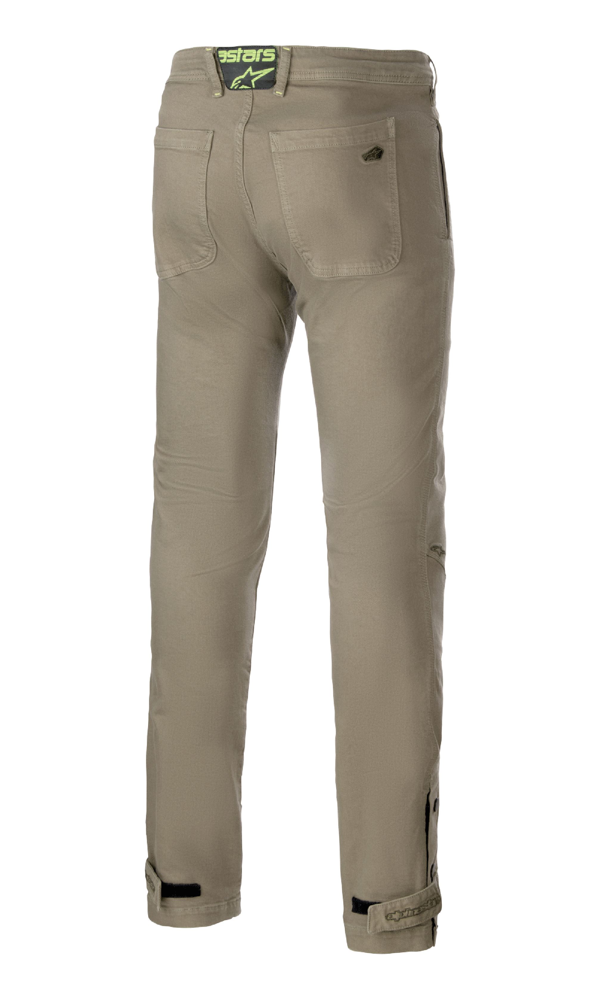 Alpinestars Stratos Regular Fit Tech Riding Pants, Military Green, baksida med två bakfickor och ett neongrönt logomärke på linningen, avsmalnande ben med justerbara ankelremmar, avslappnade motorcykelbyxor i street-stil