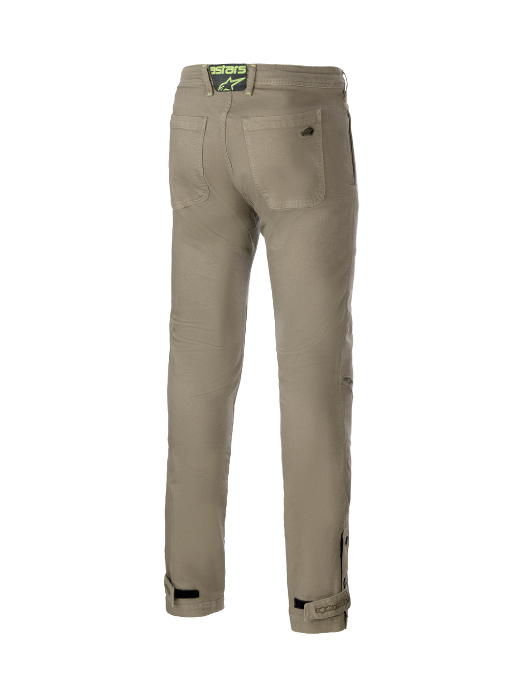 Alpinestars Stratos Regular Fit Tech motorcykelbyxor, herrbyxor i grå Cordura denim för urban körning, vy bakifrån med logotyp och justerbara benslut.