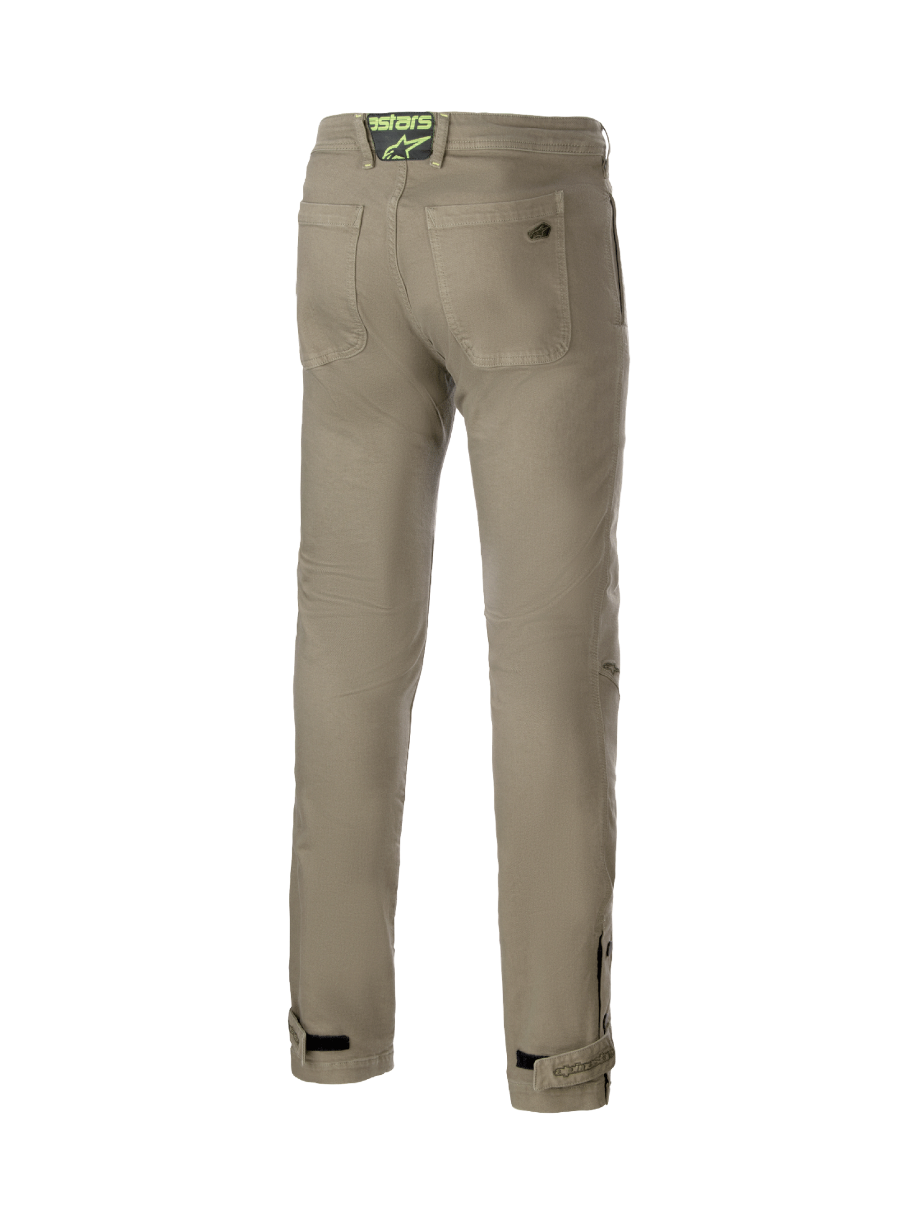 Alpinestars Stratos Regular Fit Tech motorcykelbyxor, herrbyxor i grå Cordura denim för urban körning, vy bakifrån med logotyp och justerbara benslut.