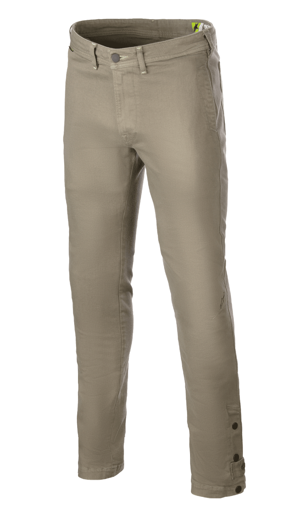 Alpinestars Stratos Regular Fit Tech Riding Pants, motorcykelbyxor, militärgröna, avsmalnande design, knapp- och dragkedjestängning, bälteshällor och justerbara knappar vid anklarna