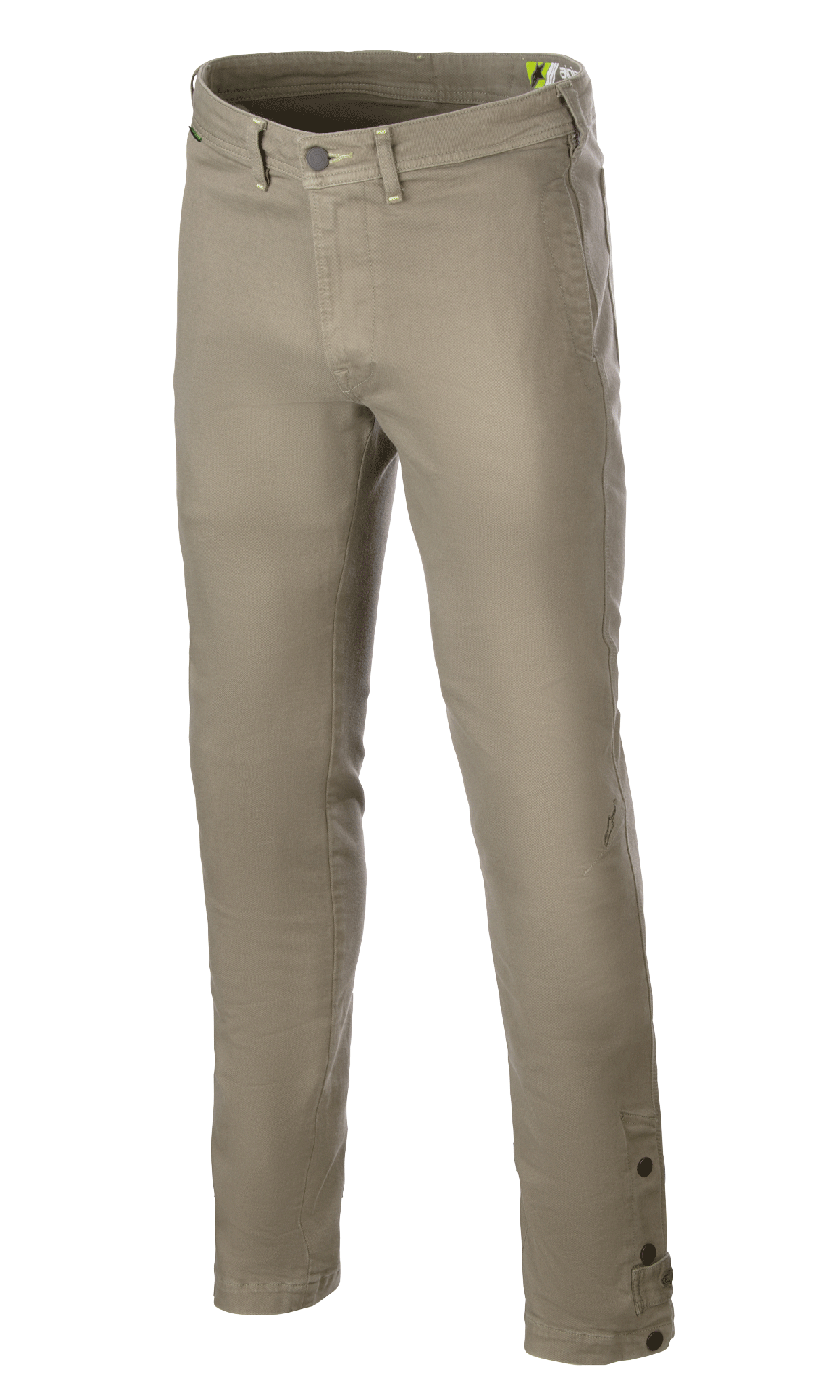 Alpinestars Stratos Regular Fit Tech Riding Pants, motorcykelbyxor, militärgröna, avsmalnande design, knapp- och dragkedjestängning, bälteshällor och justerbara knappar vid anklarna