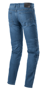 Alpinestars Radon Regular Fit Denim Pants, Motorcycle Riding Jeans, Rinse Blue, back view showing black waistband patch and embroidered star logo on the right rear pocket, pre-curved legs for riding ergonomics, casual five-pocket denim style