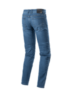 Alpinestars Radon Regular Fit motorcykeljeans, blå denimbyxor för herrar, vy bakifrån med logotypsydda fickor, för urban körning.