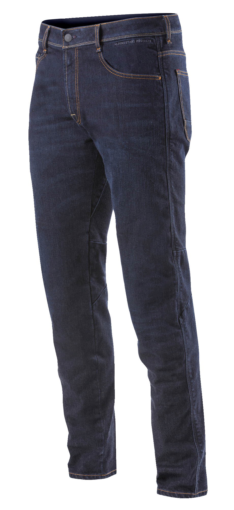 Alpinestars Radium Jeans Byxor, motorcykeljeans för herrar, mörkblå med orangea sömmar, stretch-Cordura-denim, standardpassform och femficksdesign.