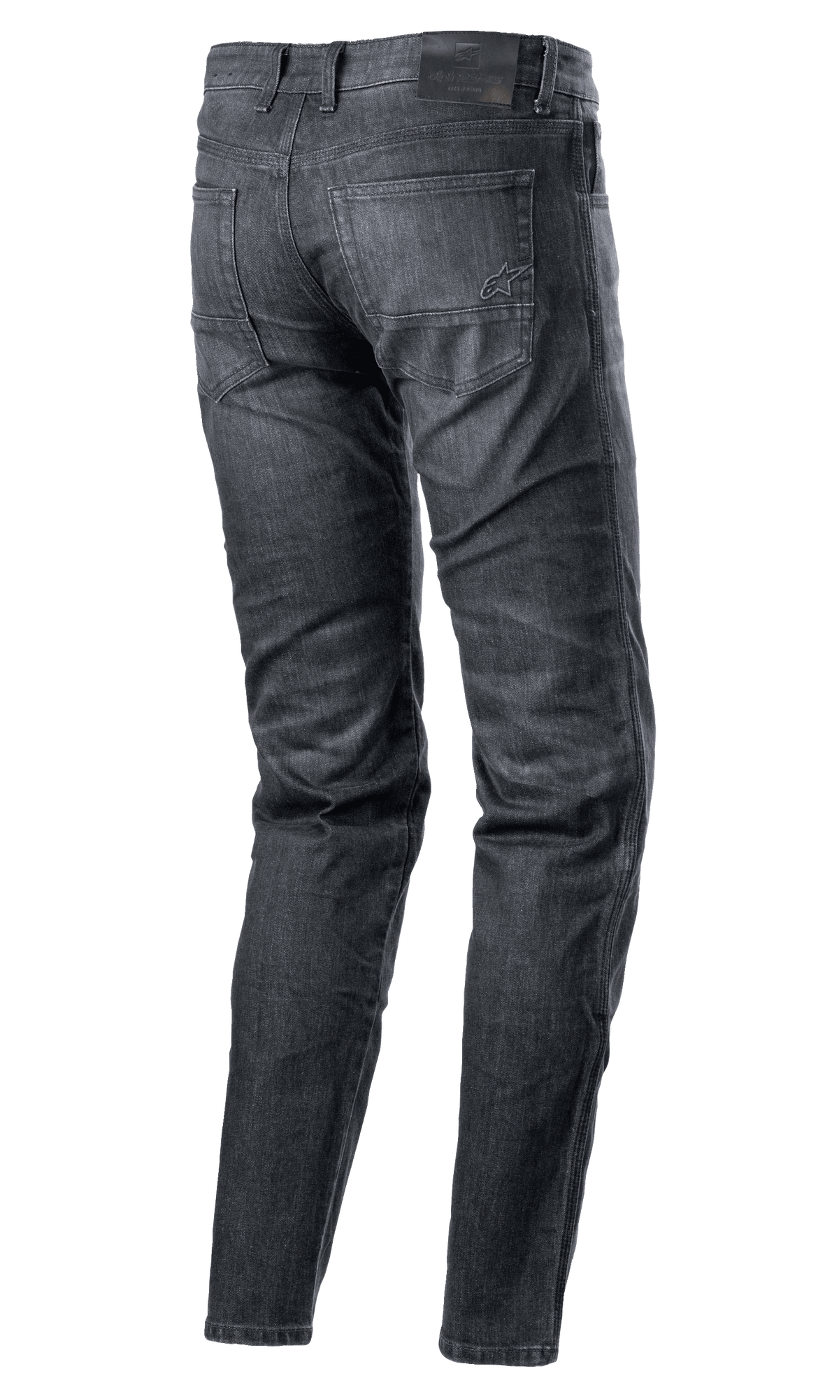Alpinestars Sektor Regular Fit Denimbyxor, MC-jeans, Black Washed, vy bakifrån som visar femficksmodell, broderad logotyp på bakfickan, svart läderlapp i midjan, avsmalnande ben, urban teknisk körutrustning