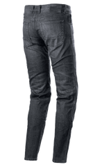 Alpinestars Sektor Regular Fit Denimbyxor, MC-jeans, Black Washed, vy bakifrån som visar femficksmodell, broderad logotyp på bakfickan, svart läderlapp i midjan, avsmalnande ben, urban teknisk körutrustning