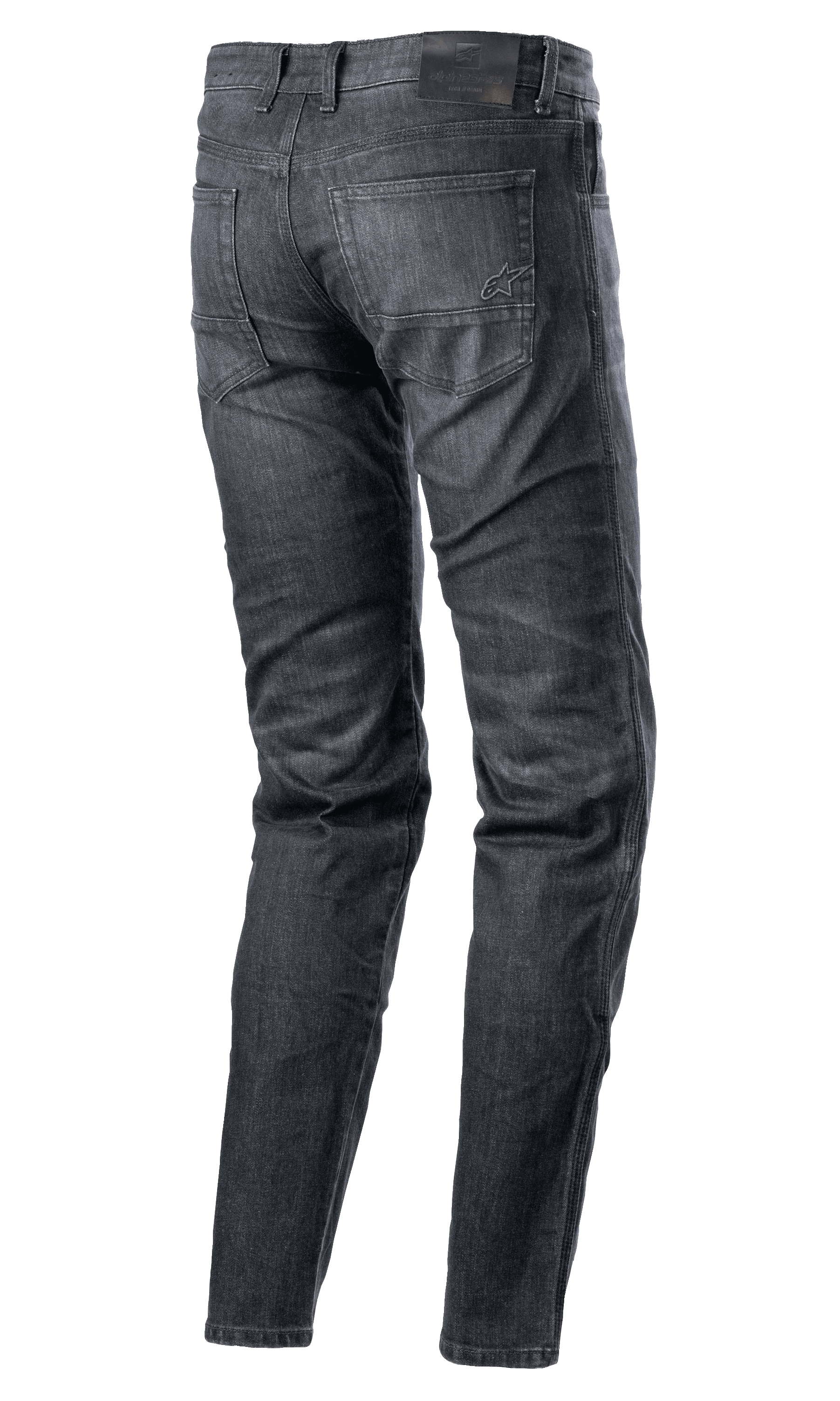 Alpinestars Sektor Regular Fit Denimbyxor, MC-jeans, Black Washed, vy bakifrån som visar femficksmodell, broderad logotyp på bakfickan, svart läderlapp i midjan, avsmalnande ben, urban teknisk körutrustning