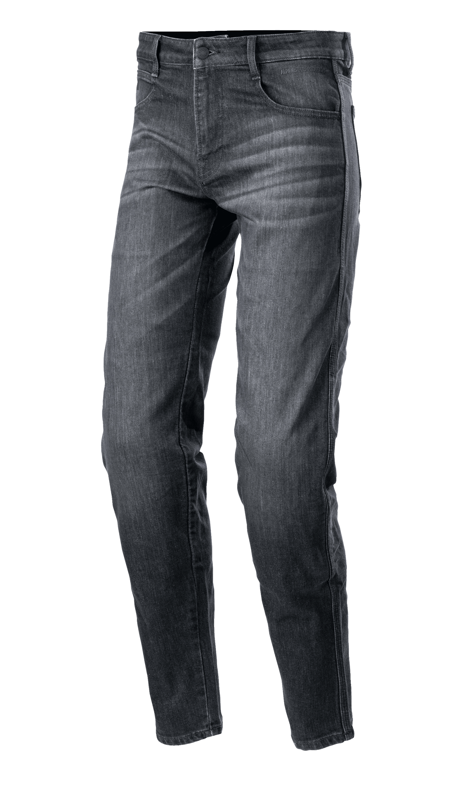 Alpinestars Sektor Regular Fit Denim Pants, motorcykeljeans, mörkgrå, avslappnad passform, klassisk femficksstil, knapp- och dragkedjeförslutning, texturerat denimtyg med lätt sliten look
