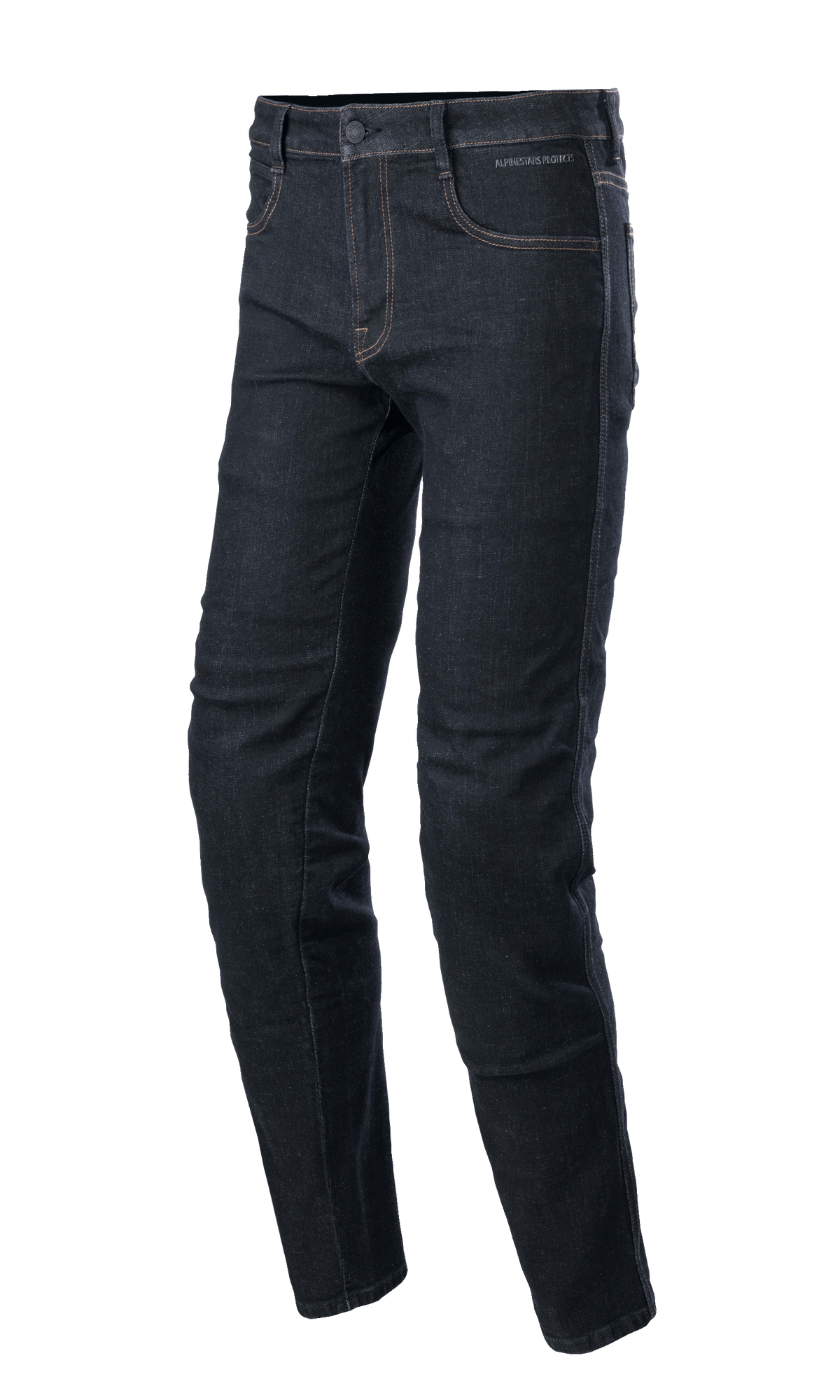 Alpinestars Sektor Regular Fit Denim, motorcykelbyxor i Rinse Blue, avsmalnande ben med kontrastsömmar, femficksmodell med bälteshällor och knappstängning, stretchdenim, urban körstil