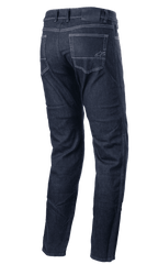 Alpinestars Sektor Regular Fit Denim Pants, urbana motorcykelbyxor, mörkblå denim, baksida som visar bakfickor med ljusa kontrastsömmar, liten broderad logotyp och regular fit-design med avsmalnande ben