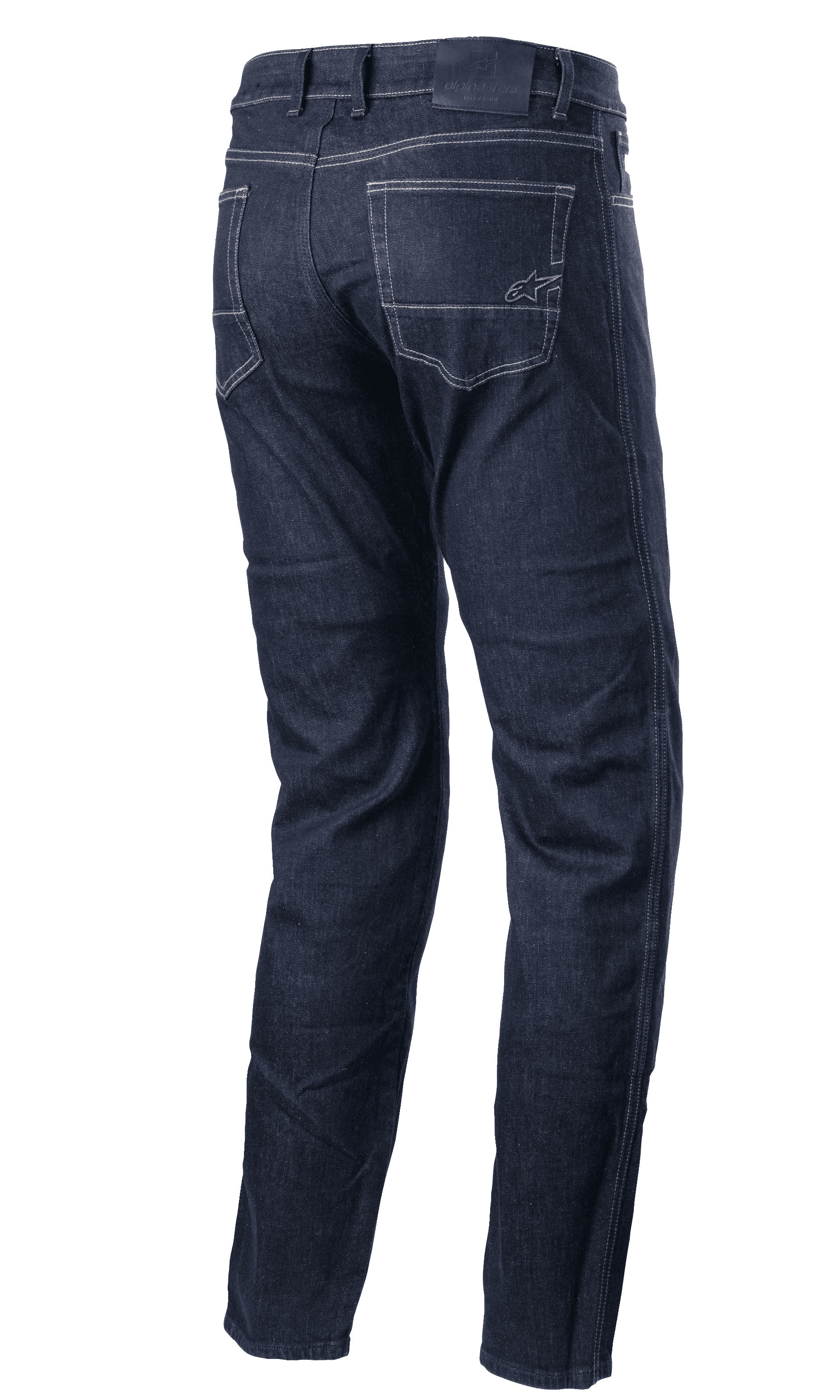 Alpinestars Sektor Regular Fit Denim Pants, urbana motorcykelbyxor, mörkblå denim, baksida som visar bakfickor med ljusa kontrastsömmar, liten broderad logotyp och regular fit-design med avsmalnande ben