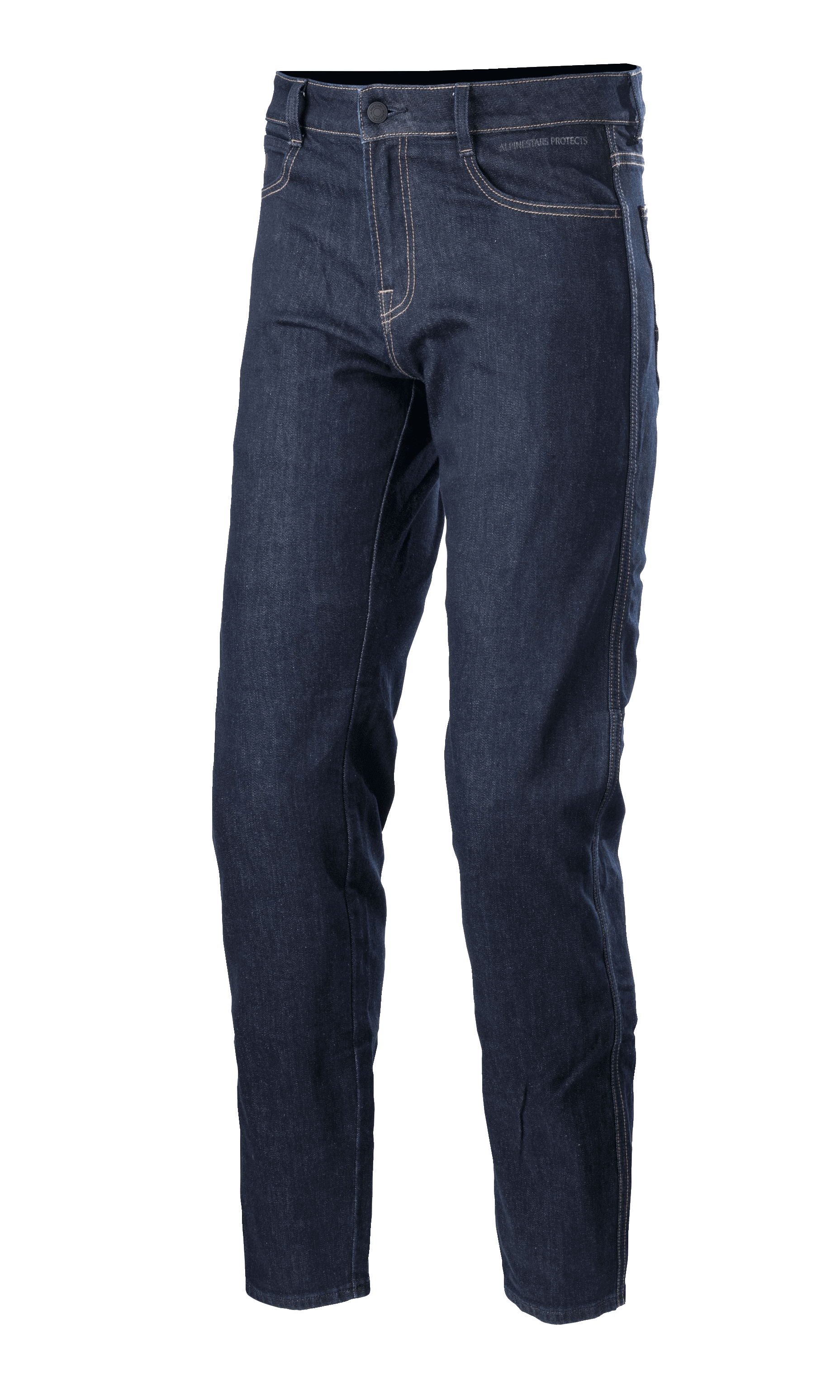 Alpinestars Sektor Regular Fit Denim Pants, mellanblå motorcykeljeans, tekniska mc-byxor med vita kontrastsömmar, femficksdesign, bälteshällor och avsmalnande ben i stretchdenim