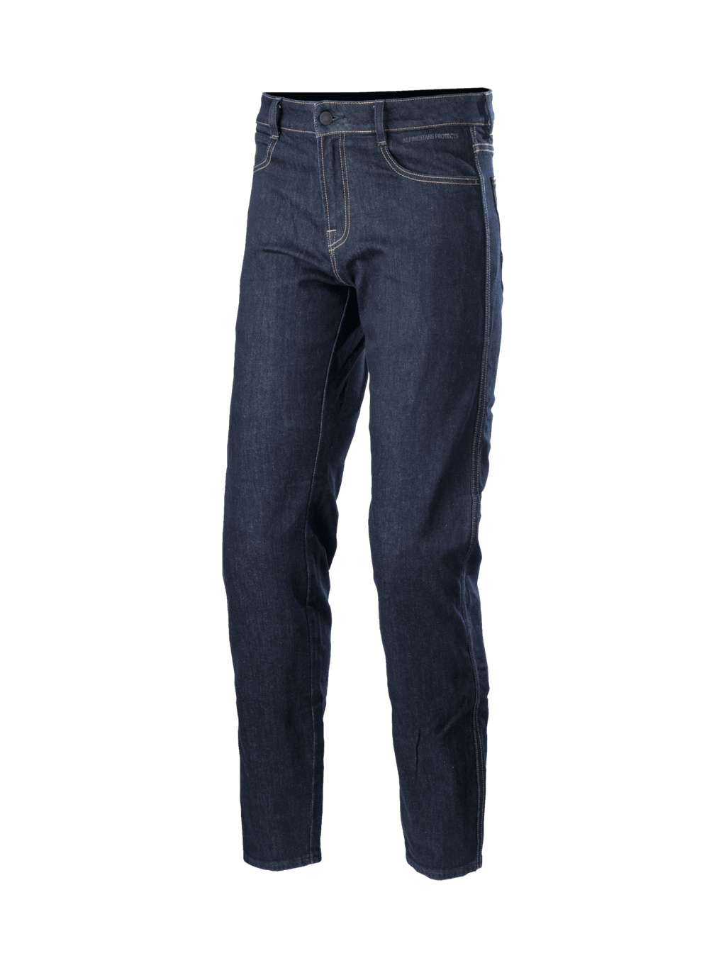 Alpinestars Sektor Standard Fit Jeans Byxor, mörkblå motorcykeljeans för stadskörning, trippelsöm för extra hållbarhet, CE-certifierat Nucleon Plus knäskydd.