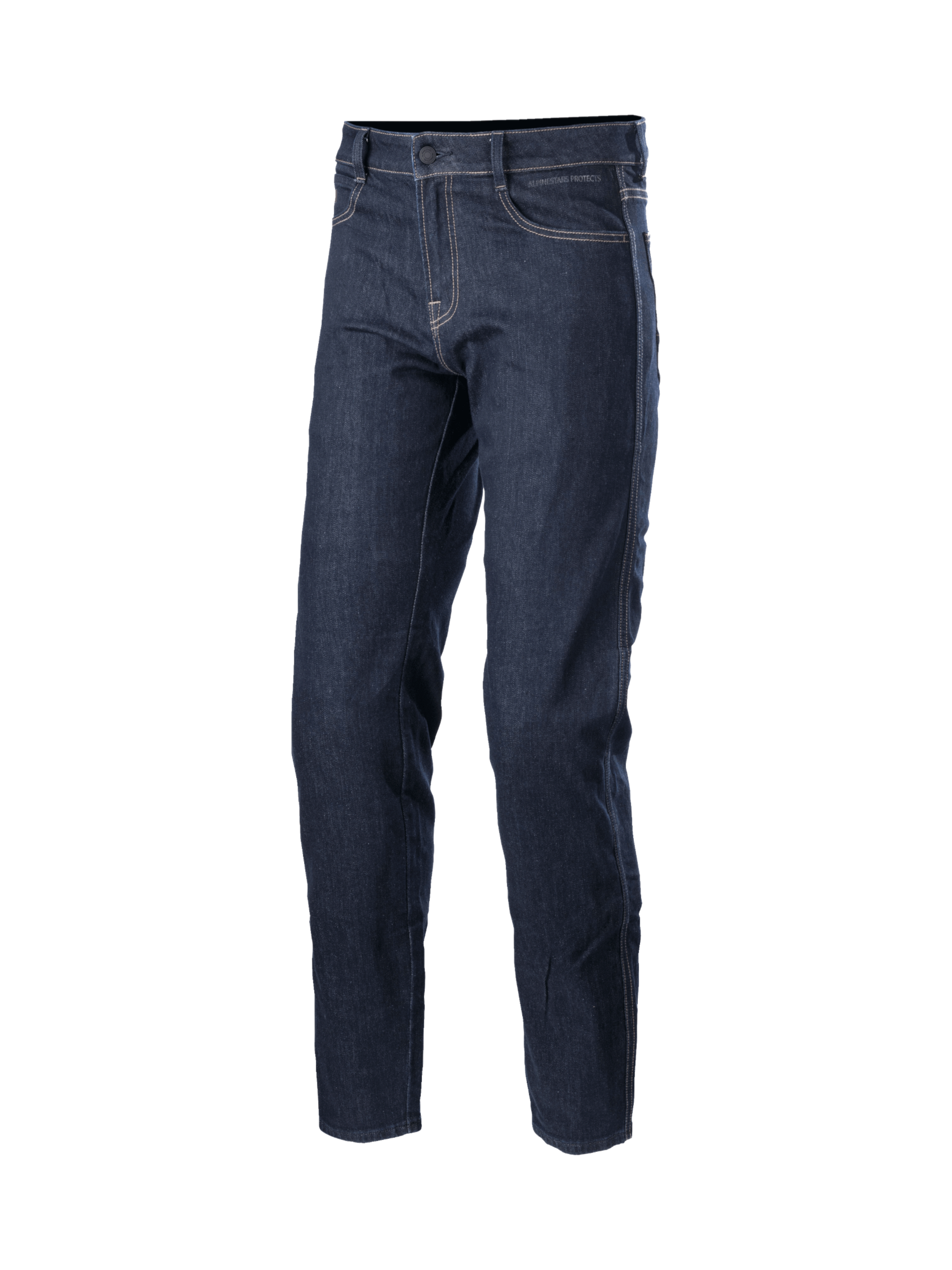 Alpinestars Sektor Standard Fit Jeans Byxor, mörkblå motorcykeljeans för stadskörning, trippelsöm för extra hållbarhet, CE-certifierat Nucleon Plus knäskydd.