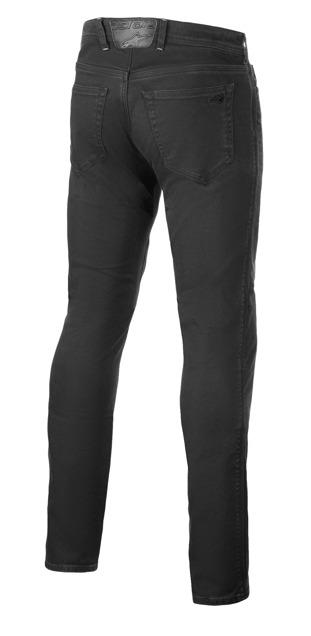 Alpinestars Copper V3 Denim-byxor, motorcykeljeans, Black Rinse, vy bakifrån som visar bakfickor och läderlapp på linningen med tonal logotyp, bekväm design med raka ben
