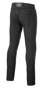 Alpinestars Copper V3 Denim-byxor, motorcykeljeans, Black Rinse, vy bakifrån som visar bakfickor och läderlapp på linningen med tonal logotyp, bekväm design med raka ben