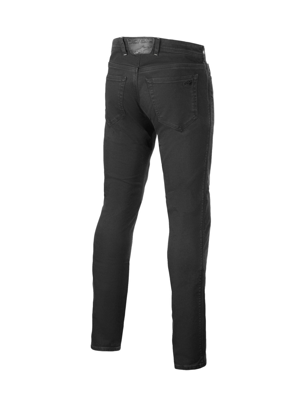 Alpinestars Copper V3 jeans, motorcykeljeans för herrar, svarta, stretchig bomullsdenim med aramidfiber, vy bakifrån.
