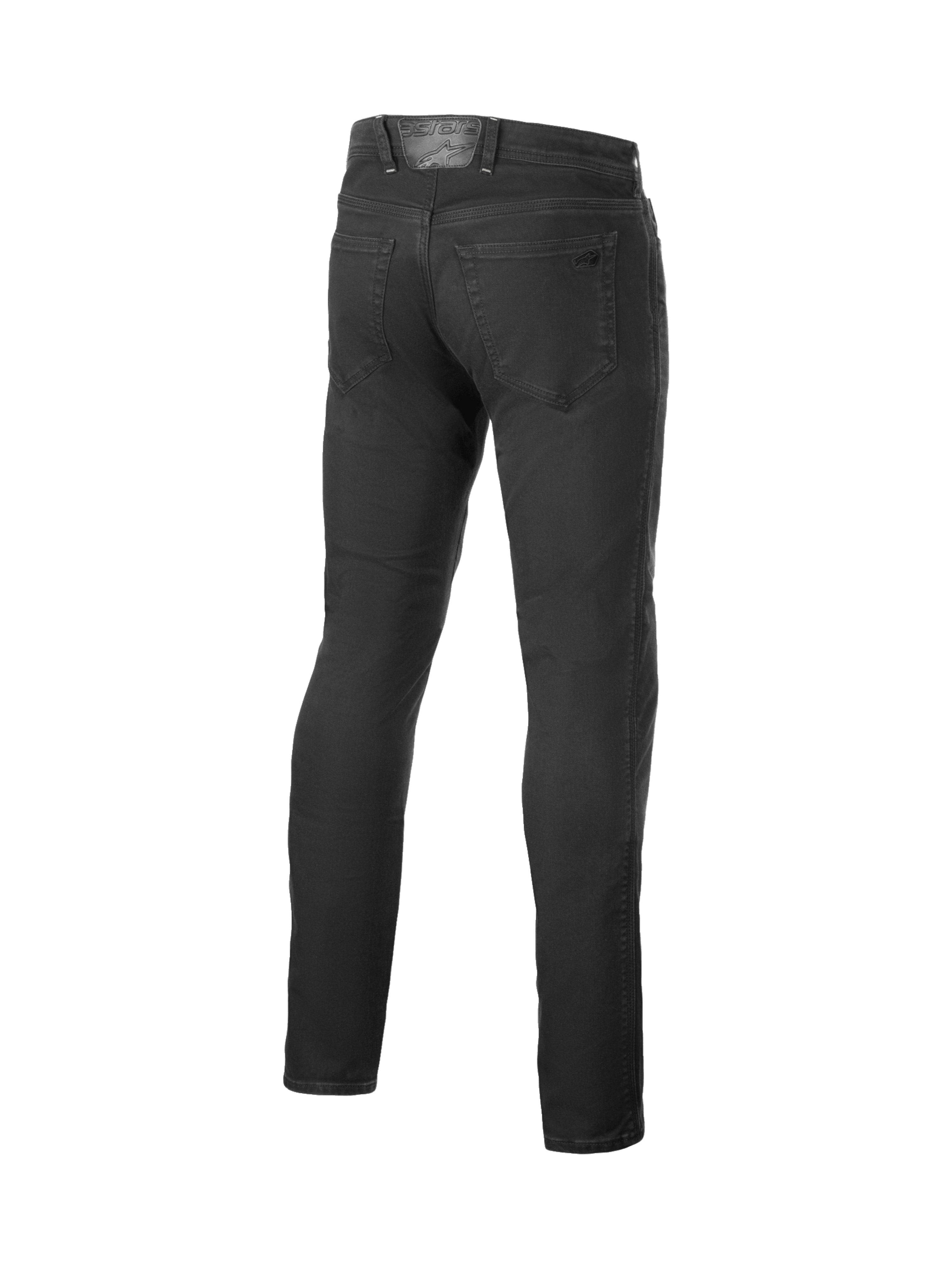 Alpinestars Copper V3 jeans, motorcykeljeans för herrar, svarta, stretchig bomullsdenim med aramidfiber, vy bakifrån.