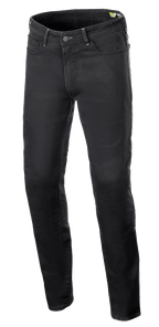 Alpinestars Copper V3 Denim-byxor, motorcykelbyxor, Black Rinse, regular passform med raka ben, stretchig bomullsdenim med tonala sömmar och femficksdesign, skyddande urban mc-utrustning