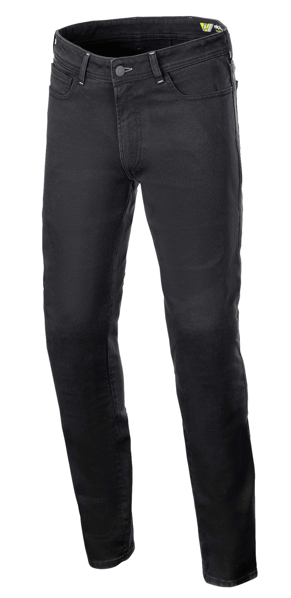 Alpinestars Copper V3 Denim-byxor, motorcykelbyxor, Black Rinse, regular passform med raka ben, stretchig bomullsdenim med tonala sömmar och femficksdesign, skyddande urban mc-utrustning