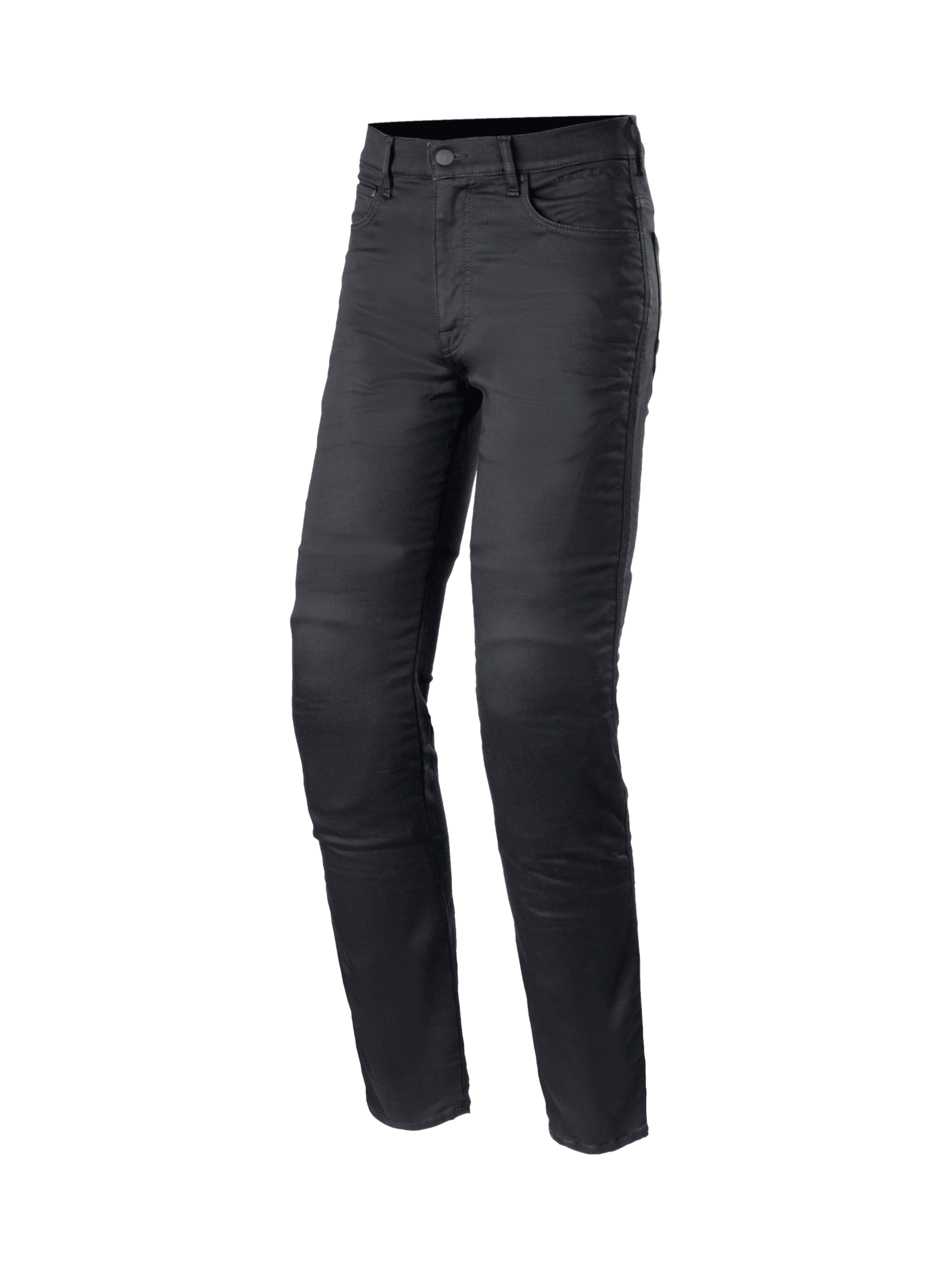 Alpinestars Cerium Tech Stretch MC-jeans, svarta urbana motorcykelbyxor i slim fit med CE-certifierade Nucleon Plus knäskydd.