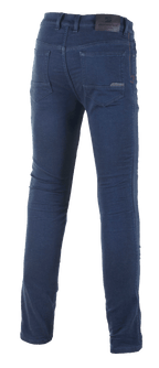 Alpinestars Cerium Tech Stretch Riding Denim, motorcykeljeans, Rinse Blue, vy bakifrån som visar teknisk denim med slim-fit passform, klassiska bakfickor och lädermärke med logotyp på linningen