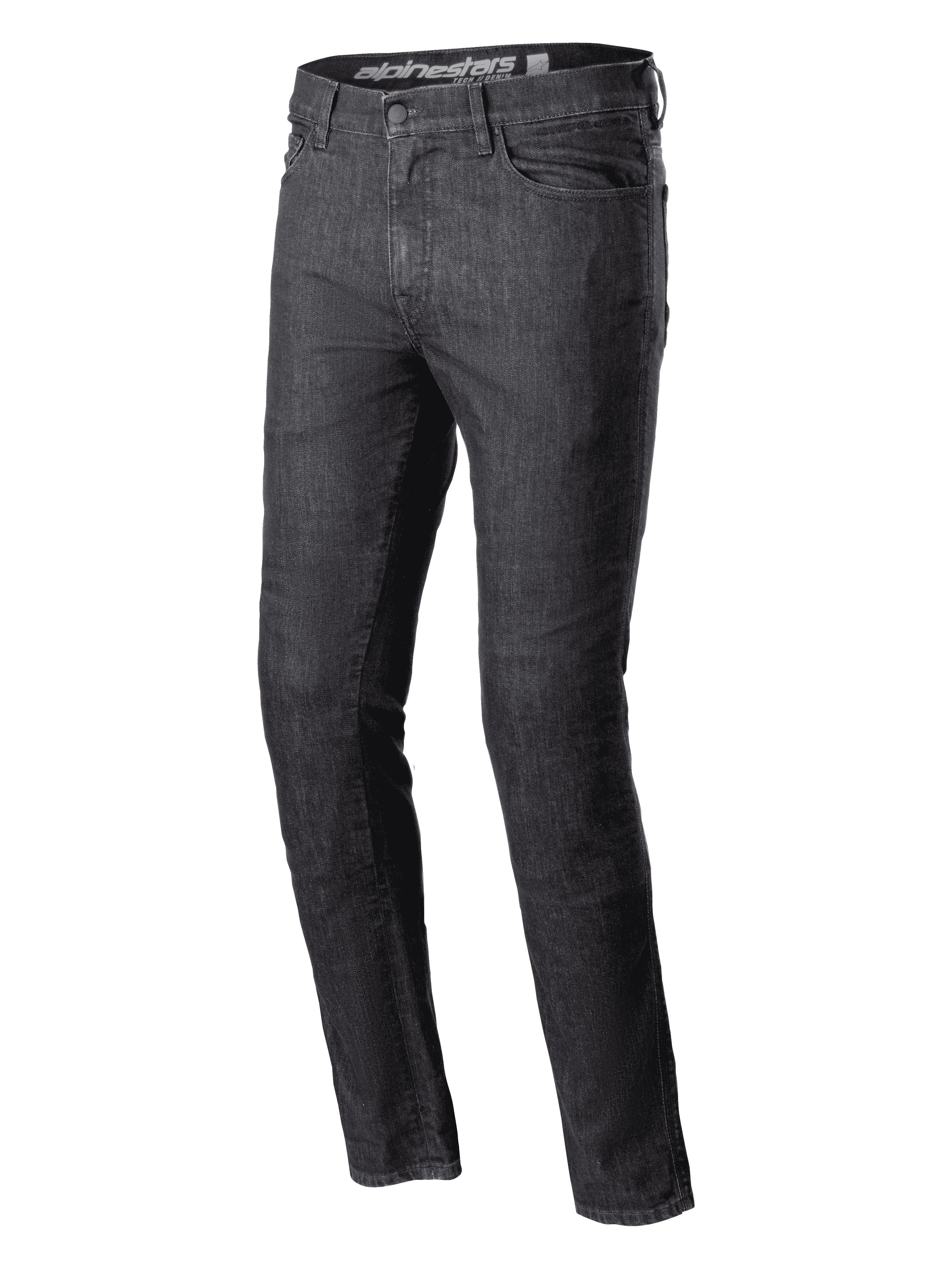 Alpinestars Cerium Denim Tech Riding Pants, Motorcycle Riding Jeans, Black Washed, slim fit, classic five-pocket design, heavy-duty denim construction, belt loops, button and zipper closure, contemporary urban riding gear