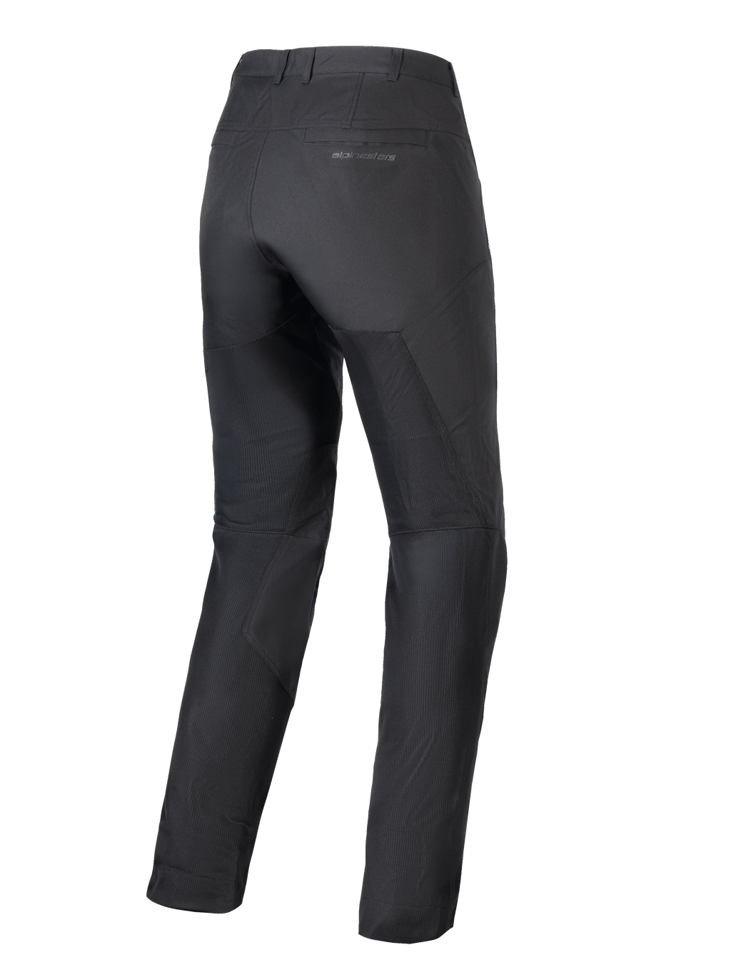 Alpinestars Woman Stella C-1 Air Pants, Black Motorcycle Pants, Rear View, showing large tech mesh panels on the legs for airflow, sleek urban design with subtle branding on the back pocket