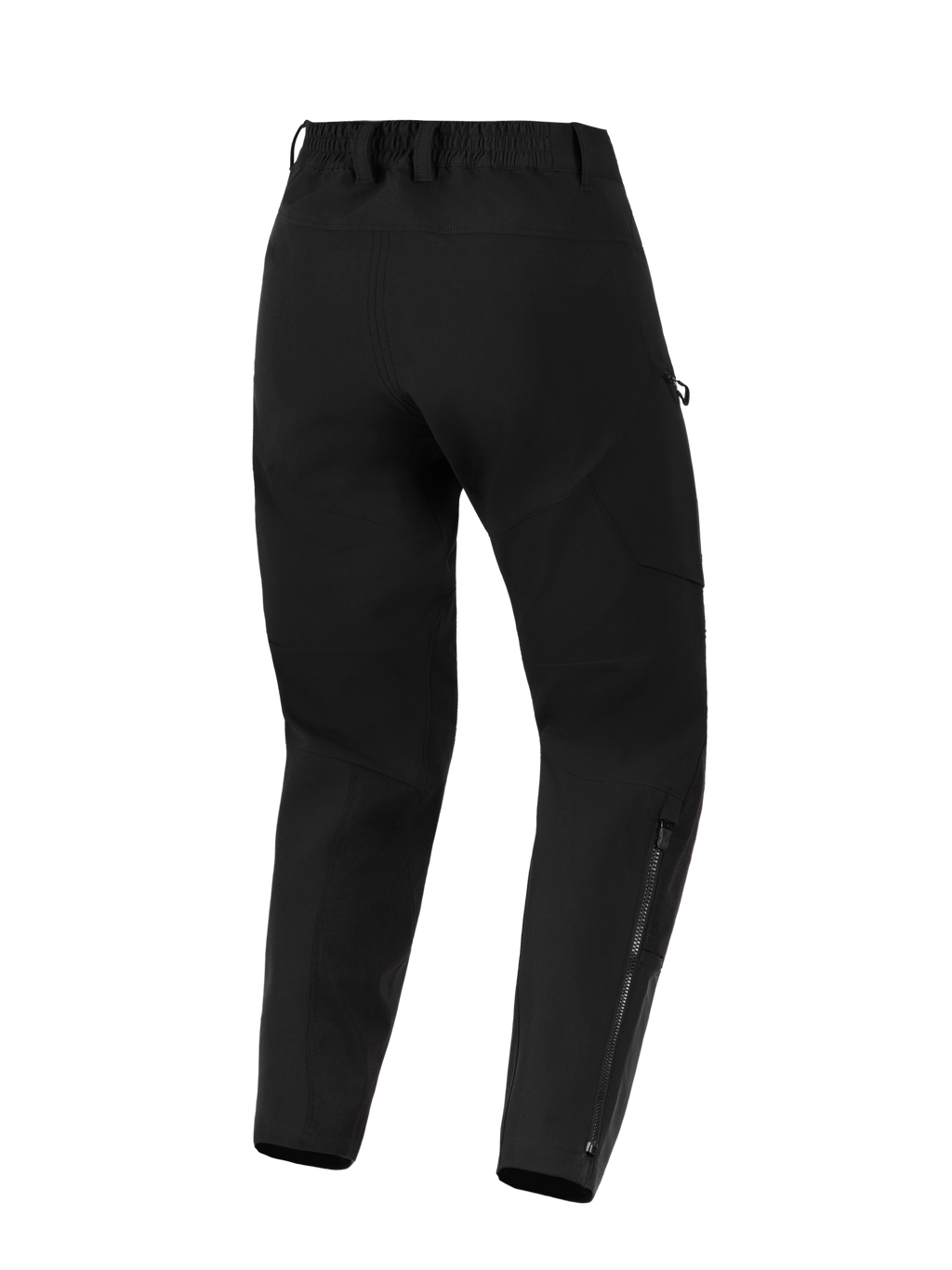 Alpinestars Stella Flex-AST Explorer-byxor, motorcykelbyxor för damer, svarta, vy bakifrån som visar stretchig textilkonstruktion, elastisk midja med bältesöglor och långa dragkedjor på underbenen för äventyrskörning.