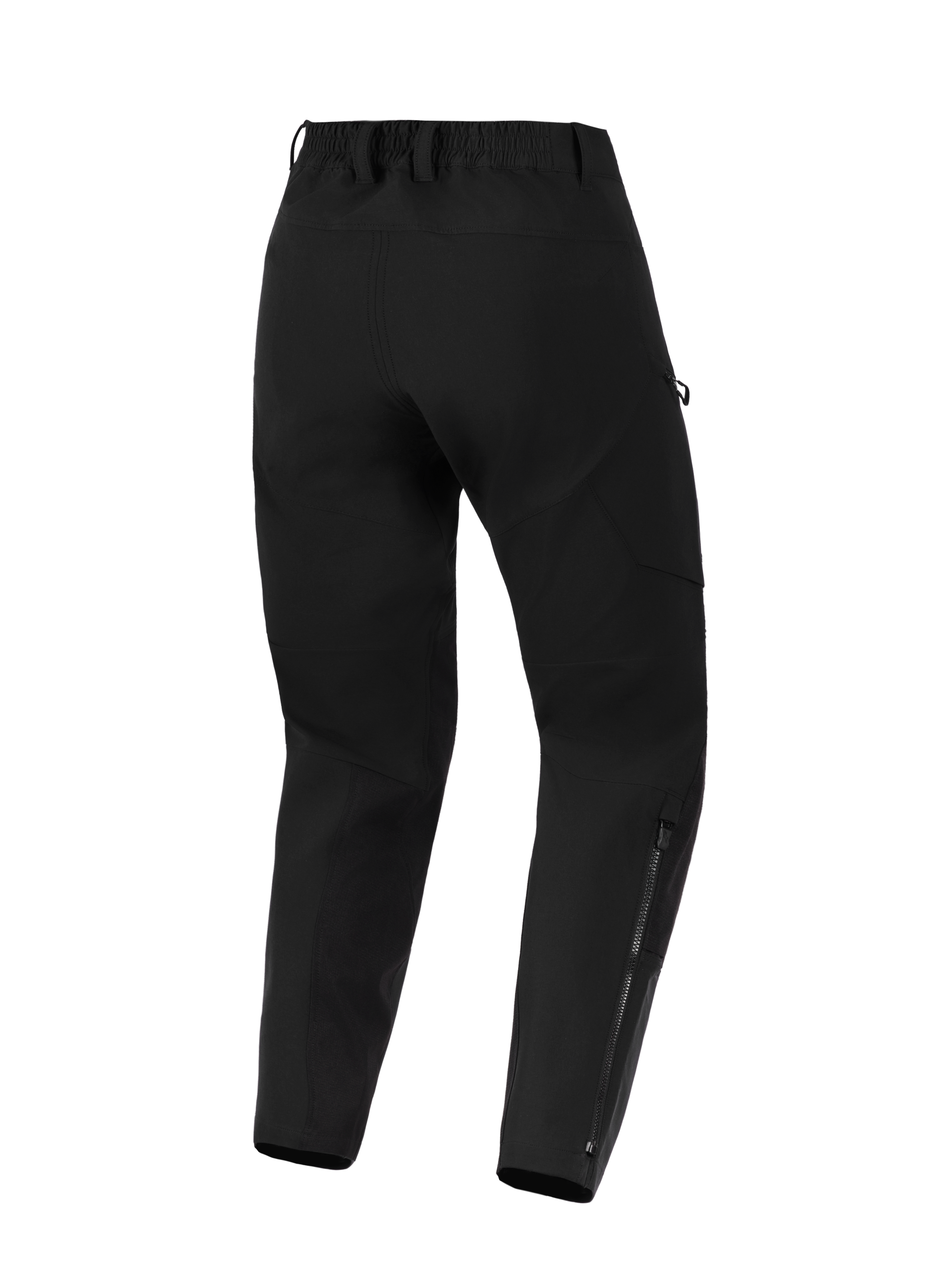 Alpinestars Stella Flex-AST Explorer-byxor, motorcykelbyxor för damer, svarta, vy bakifrån som visar stretchig textilkonstruktion, elastisk midja med bältesöglor och långa dragkedjor på underbenen för äventyrskörning.