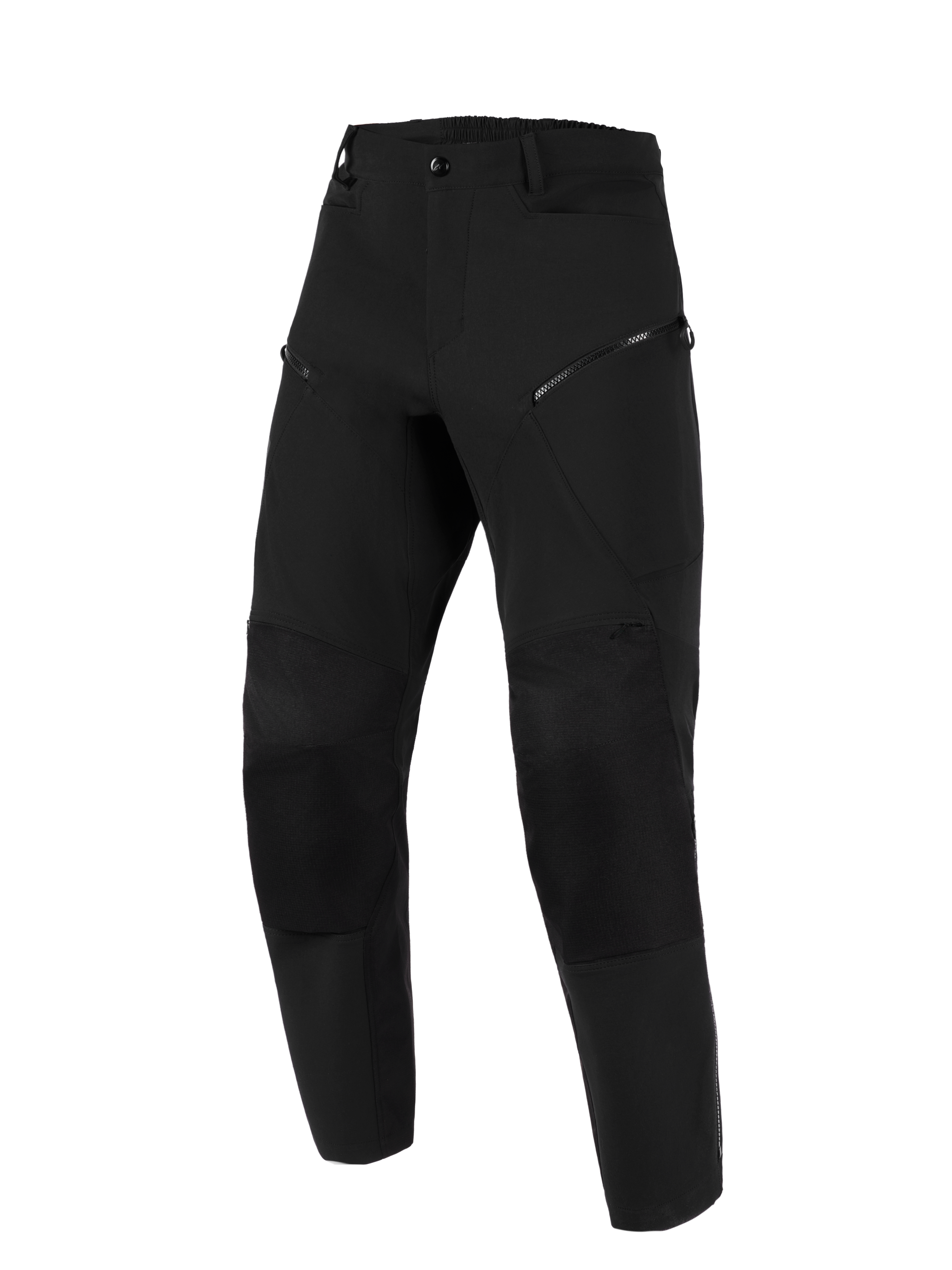 Alpinestars Stella Flex-AST Explorer byxor, motorcykelbyxor för dam, svarta, vy framifrån, med dragkedjeförsedda lårfickor, förstärkta knäpaneler och elastisk midja, designade för äventyrstouring