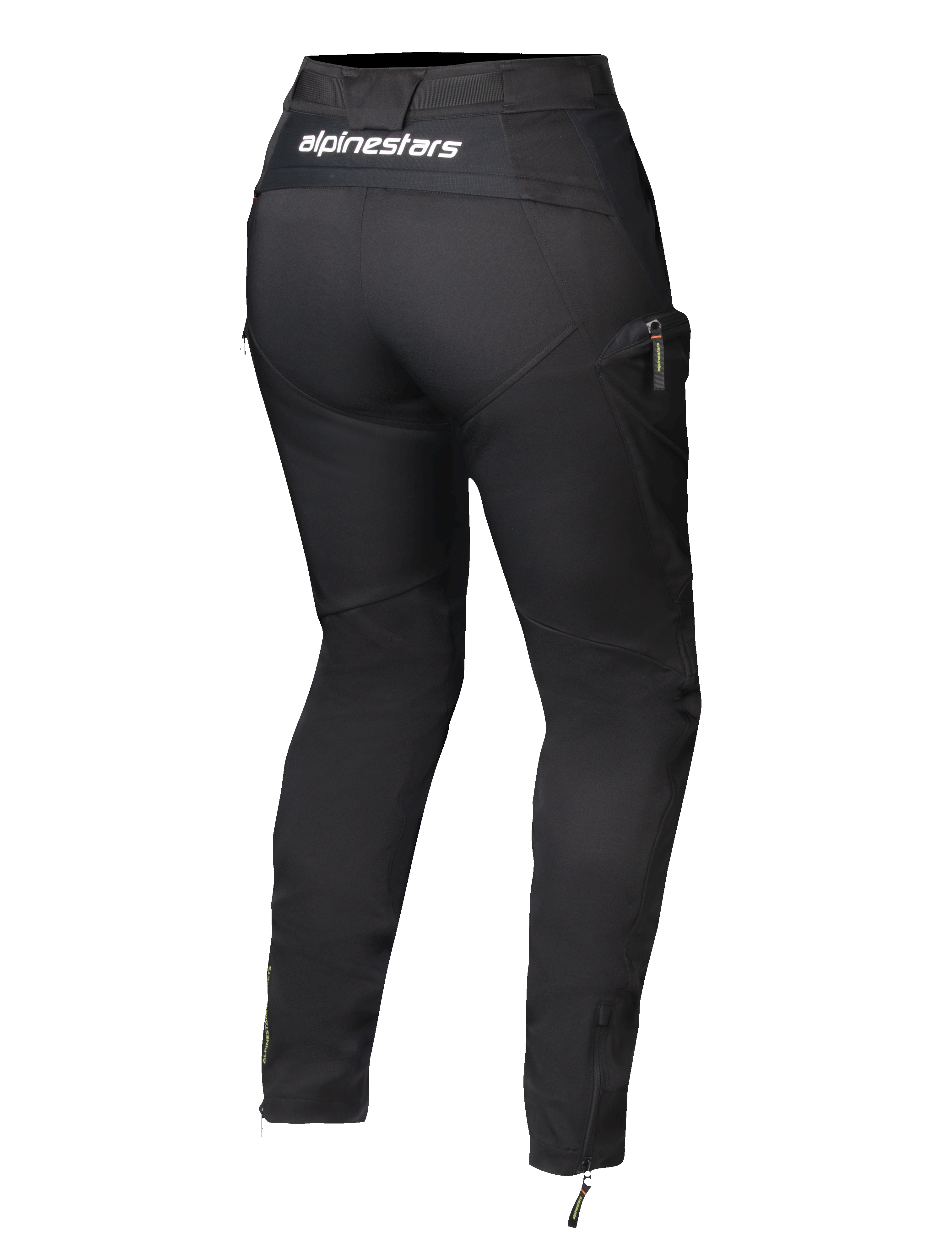 Alpinestars Actea Women's Pants, Black, back view featuring white branding on the waistband, tapered silhouette with side cargo pocket, ankle zippers, modern motorcycle riding pants
