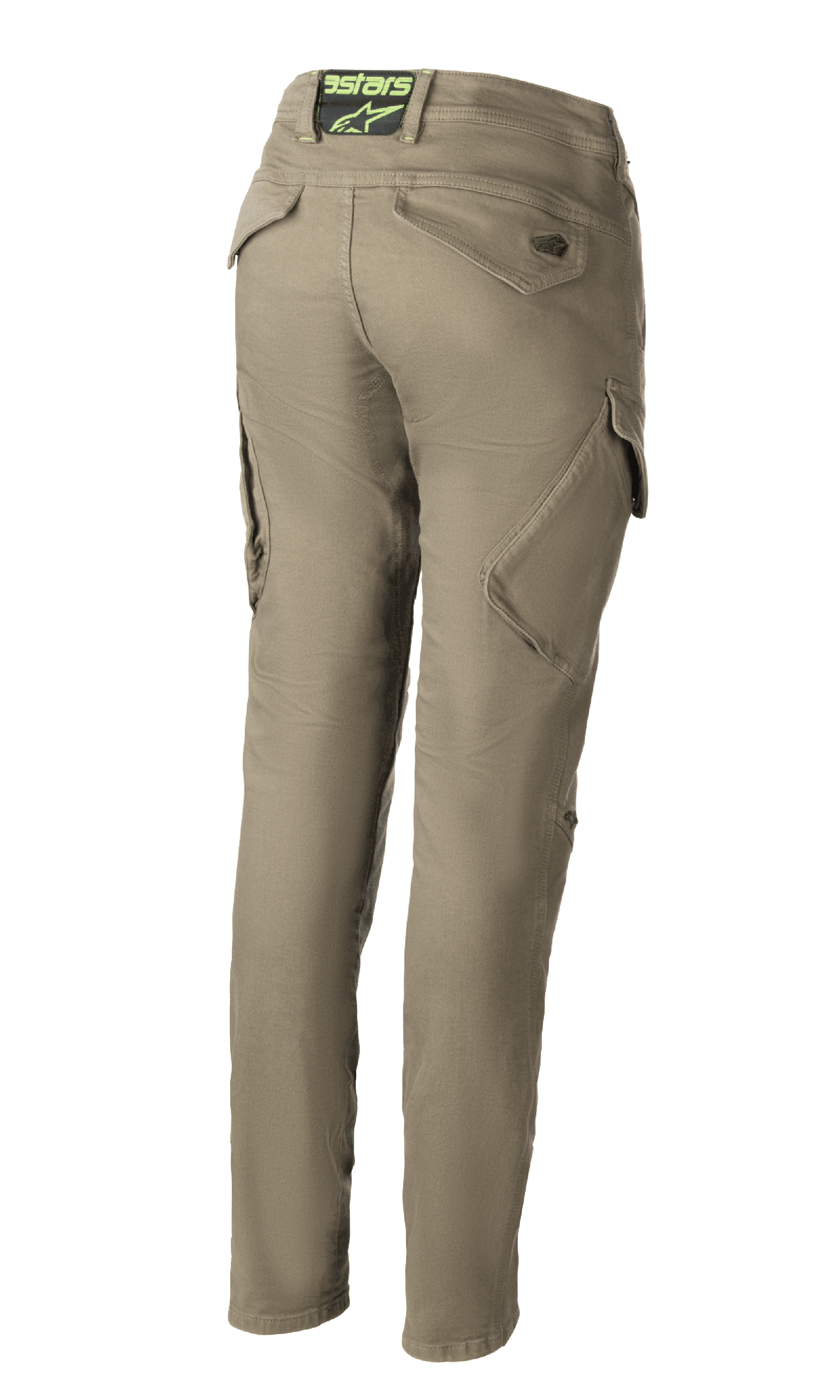 Alpinestars Caliber Women's Tech Riding Denim, Military Green motorcycle pants, back view showing slim fit combat design with angled cargo pockets, Astars logo on rear waistband, durable Cordura fabric.