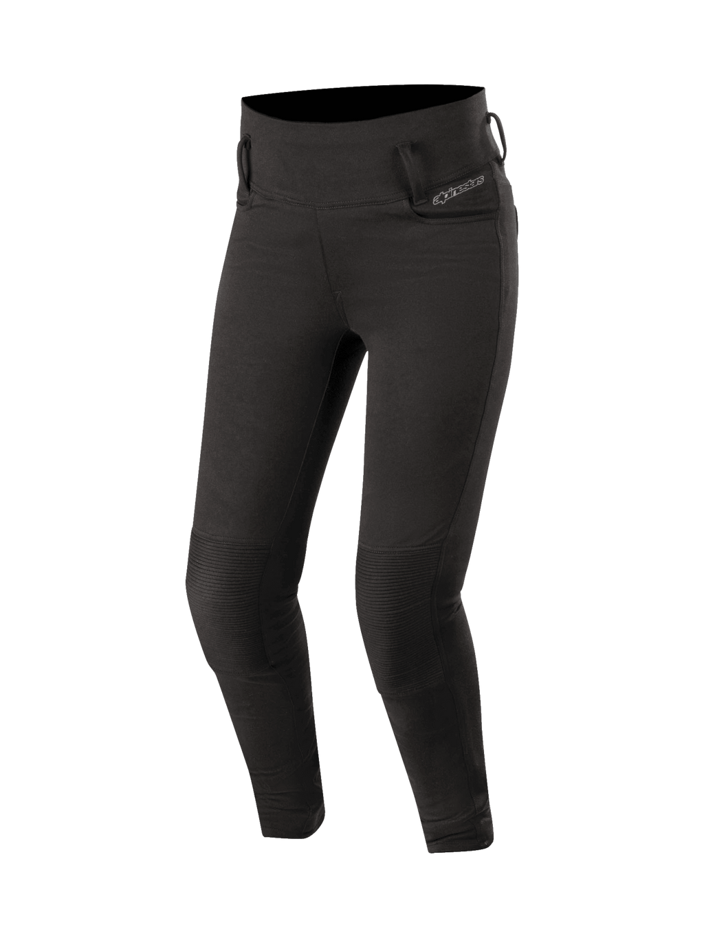Alpinestars Banshee dam-leggings, svarta motorcykelbyxor i urban stil med CE-certifierade knäskydd och stretchpaneler för optimal passform och skydd.