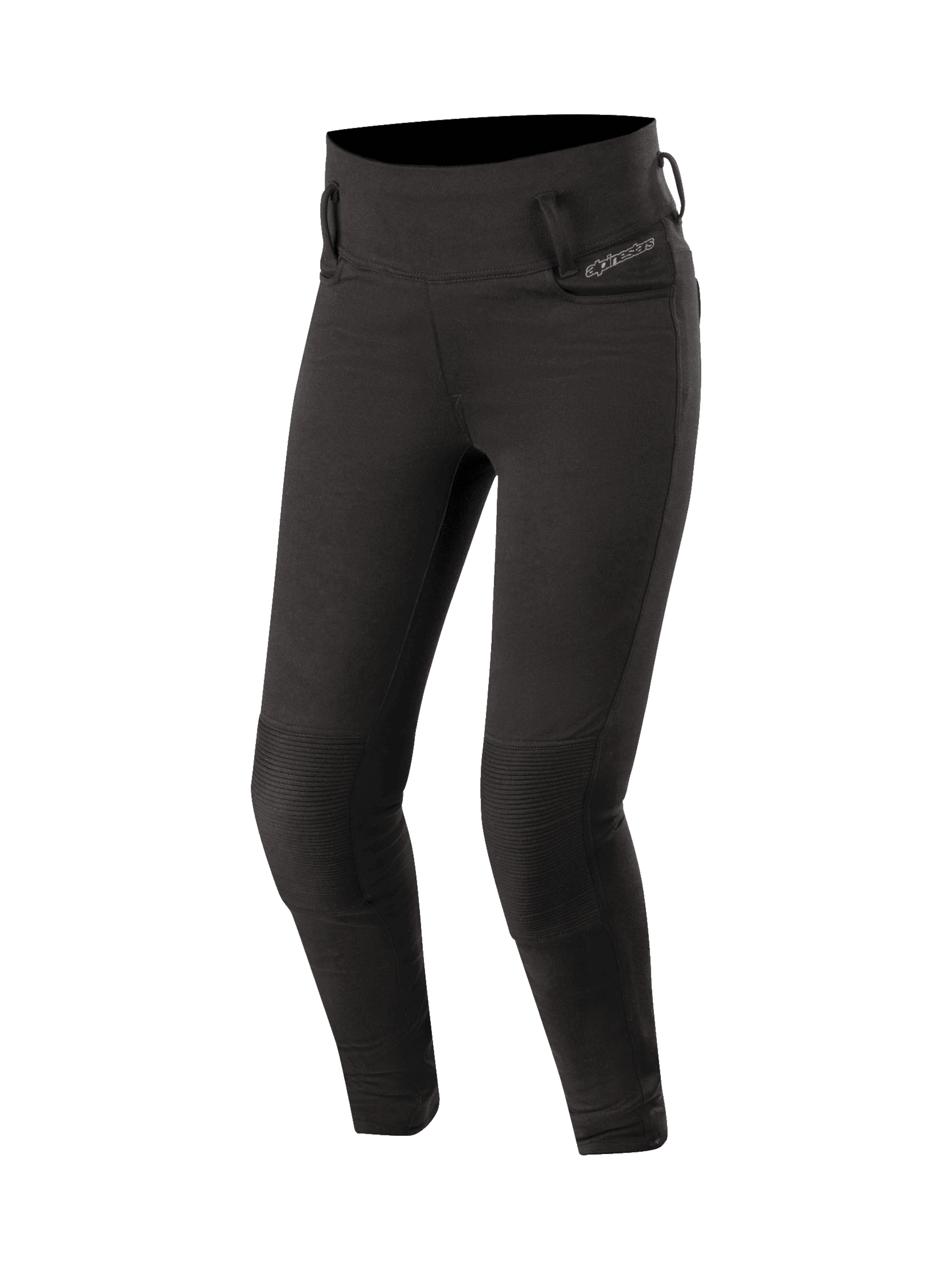 Alpinestars Banshee dam-leggings, svarta motorcykelbyxor i urban stil med CE-certifierade knäskydd och stretchpaneler för optimal passform och skydd.