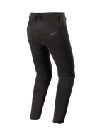 Alpinestars Banshee damleggings, svarta motorcykelbyxor med aramidfiberfoder, CE-certifierade skydd och stretchpaneler.