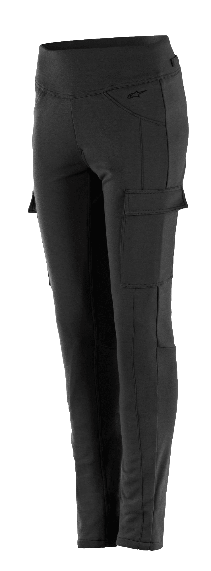 Alpinestars Iria Leggings för dam, svarta motorcykelleggings, hög midja med slim fit-passform, kargoficka på sidan med lockstängning, subtil logotyp på höften, slitstark textilkonstruktion för stadskörning