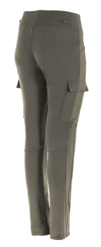Alpinestars Women's Iria Leggings, Military Green, rear three-quarter view, featuring a cargo pocket on the thigh with flap closure, slim-fit design with anatomical profiling, textile construction for urban motorcycle riding