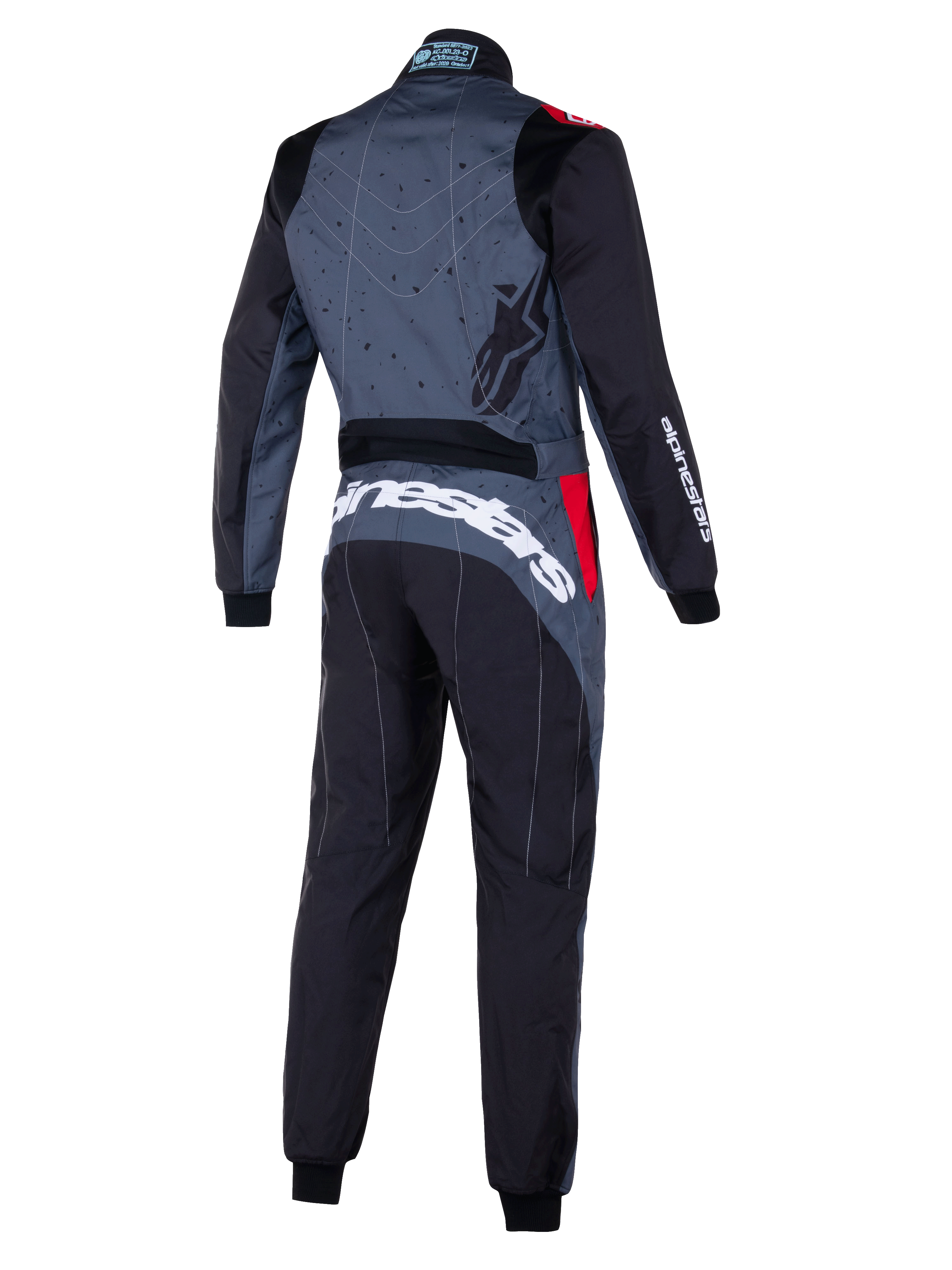 Alpinestars KMX-9 V3 Graphic 6-dräkt, grå och svart kartingoverall med röda detaljer, baksida med grafiskt mönstrat ryggparti, tydlig vit Alpinestars-logotyp över ländryggen och ergonomiska paneler för motorsportprestanda.