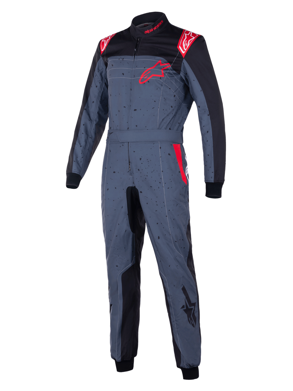 Alpinestars KMX-9 V3 Graphic 6-dräkt, kartingdräkt, antracitgrå med svarta och röda detaljer, med en spräcklig grafisk design, röd stjärnlogotyp på bröstet, svarta innerpaneler och röda axeldetaljer, professionell racingutrustning för motorsport