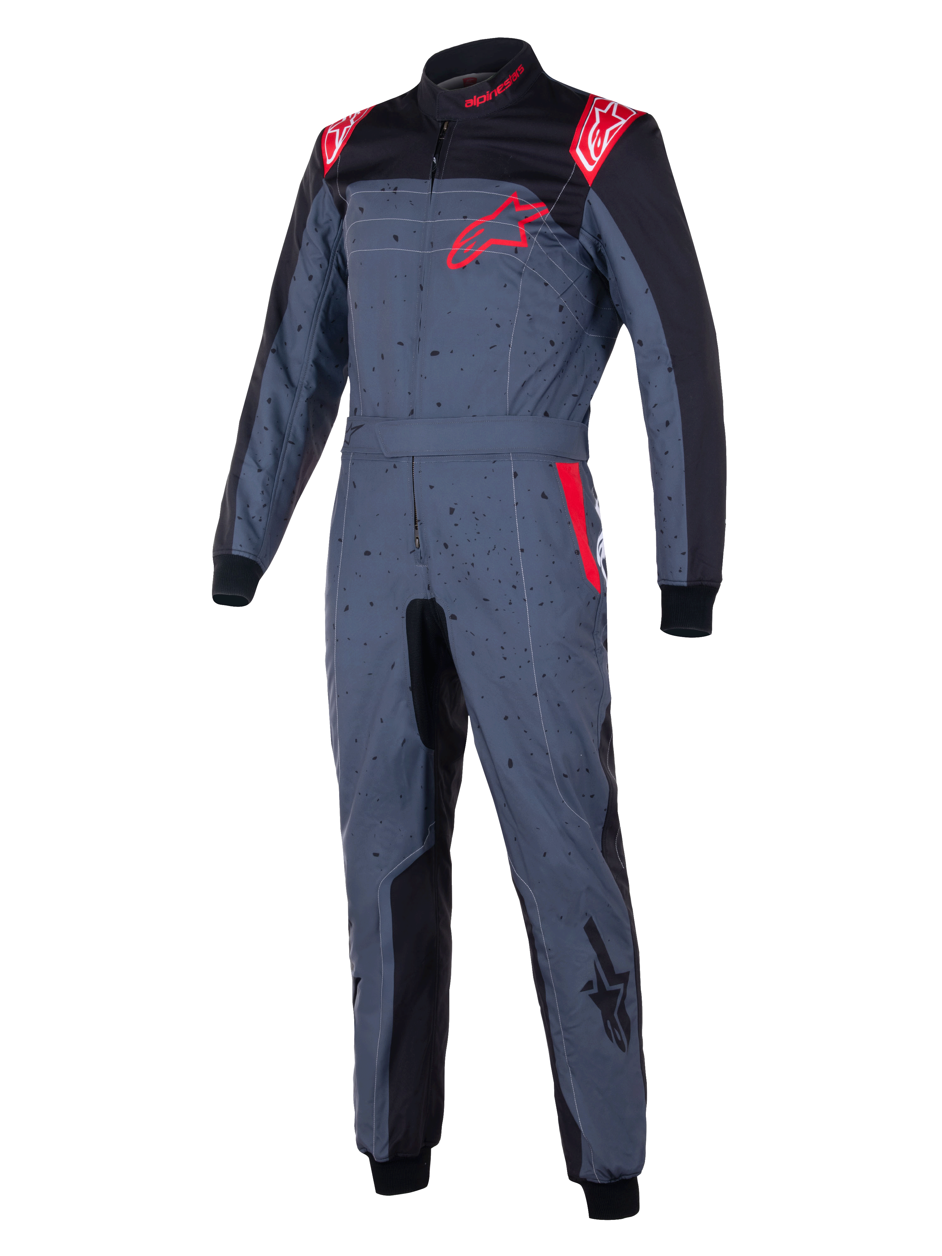 Alpinestars KMX-9 V3 Graphic 6-dräkt, kartingdräkt, antracitgrå med svarta och röda detaljer, med en spräcklig grafisk design, röd stjärnlogotyp på bröstet, svarta innerpaneler och röda axeldetaljer, professionell racingutrustning för motorsport