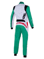 Alpinestars KMX-9 V3 Graphic 6 Suit, Karting Suit, White Green and Red, Rear View, featuring a speckled graphic pattern on the upper back, green legs and sleeves, bold red branding on the lower back, and black stretch panels