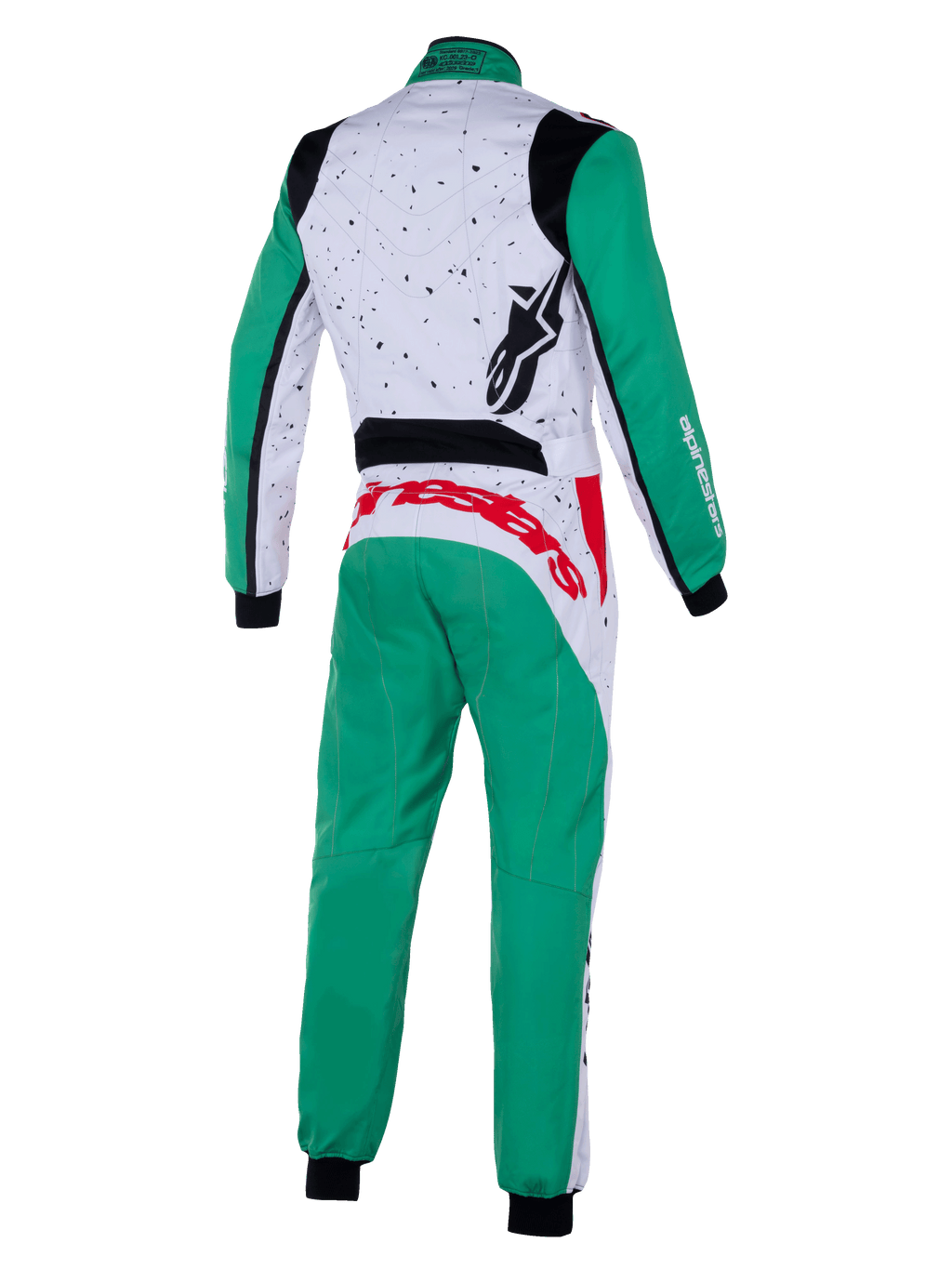Alpinestars Ungdom KMX-9 V3 Graphic 6 Suit, kartingoverall, vit, grön och röd, sedd bakifrån, med gröna ärmar och ben, vit övre rygg med svart spräcklig grafik, röd Alpinestars-logotyp över midjan, svart logotyp på axeln, professionell kartingutrustning
