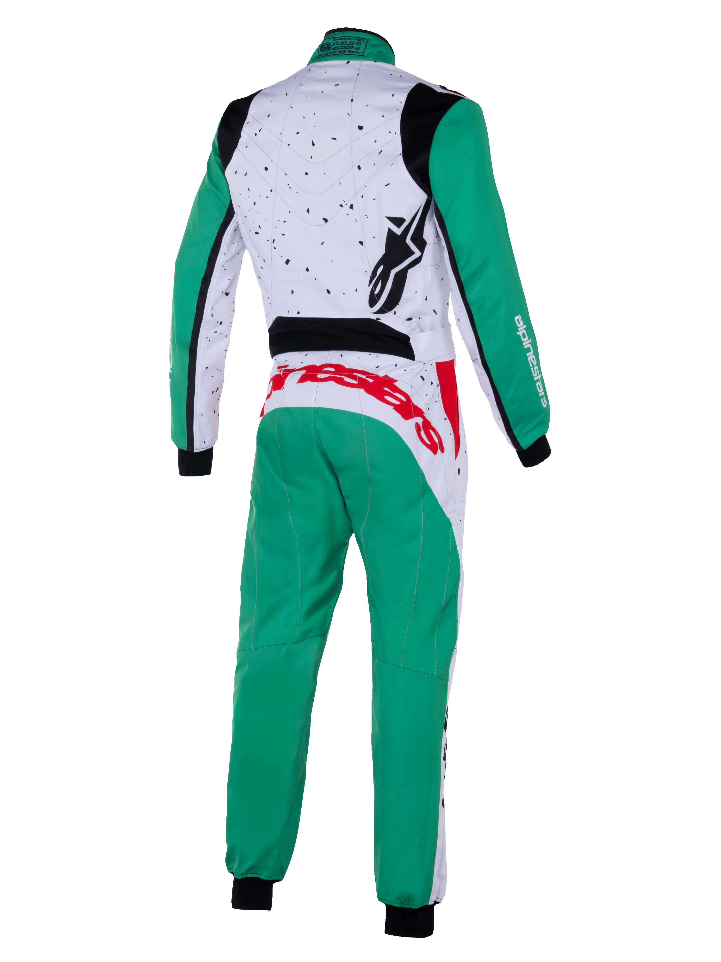Alpinestars Ungdom KMX-9 V3 Graphic 6 Suit, kartingoverall, vit, grön och röd, sedd bakifrån, med gröna ärmar och ben, vit övre rygg med svart spräcklig grafik, röd Alpinestars-logotyp över midjan, svart logotyp på axeln, professionell kartingutrustning