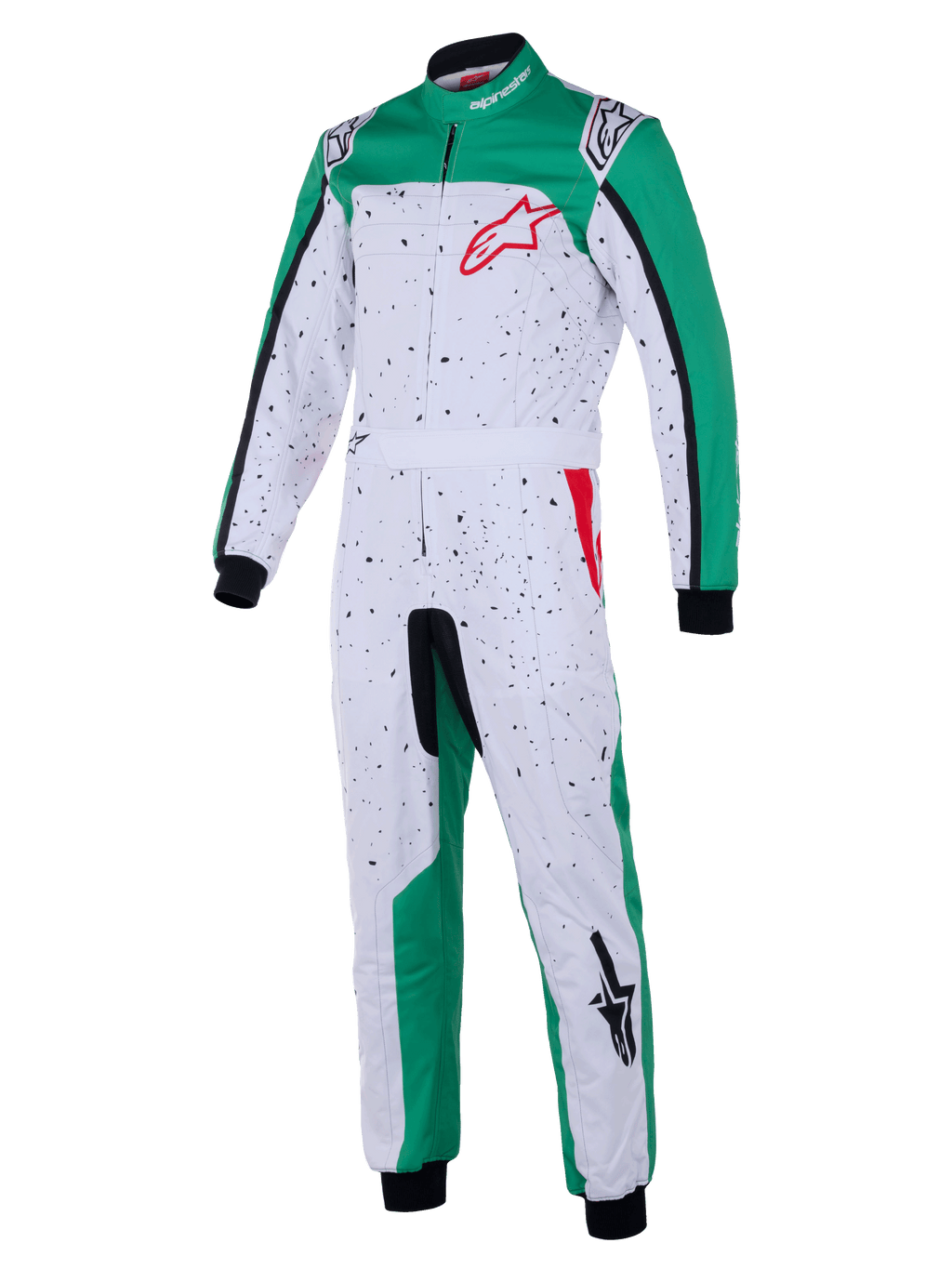 Alpinestars Youth KMX-9 V3 Graphic 6-overall, racingoverall för karting, vit, grön och röd, med ett svart spräckligt mönster på vit bas, gröna paneler, integrerat midjebälte, svarta muddar och röda logotypdetaljer, motorsportkläder för ungdomar