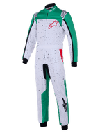 Alpinestars Youth KMX-9 V3 Graphic 6-overall, racingoverall för karting, vit, grön och röd, med ett svart spräckligt mönster på vit bas, gröna paneler, integrerat midjebälte, svarta muddar och röda logotypdetaljer, motorsportkläder för ungdomar
