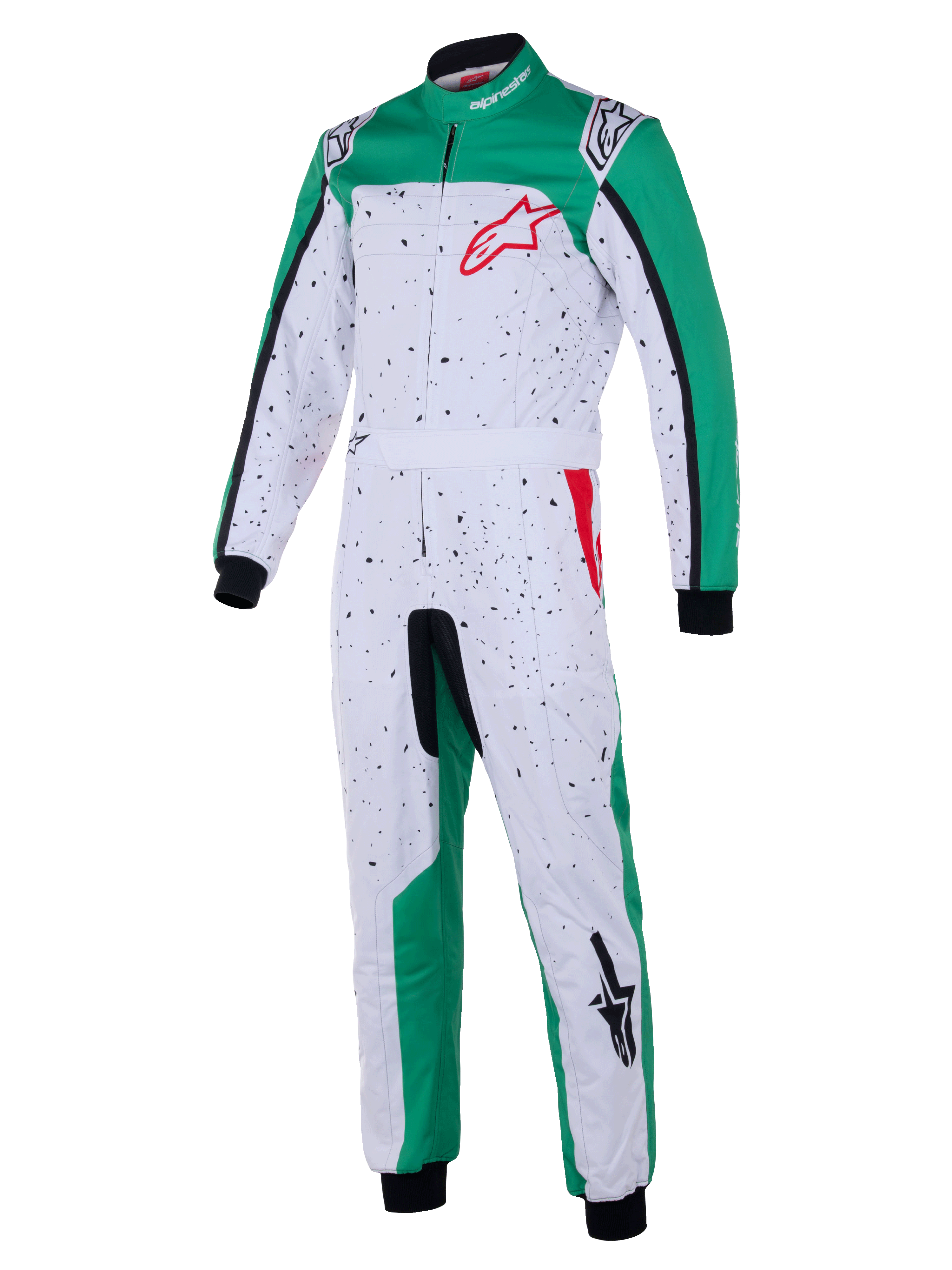 Alpinestars Youth KMX-9 V3 Graphic 6 Suit, Karting Racing Suit, White Green and Red, featuring a black speckled pattern on a white base, green panels, integrated waist belt, black cuffs, and red logo accents, youth motorsport apparel