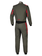Alpinestars GP Race V3 Suit FIA, Auto Racing Suit, Anthracite Red, back view featuring dark grey textile with red stripe accents on shoulders and sleeves, black stretch panel at the waist, red star logo on the lower back, professional motorsport protection