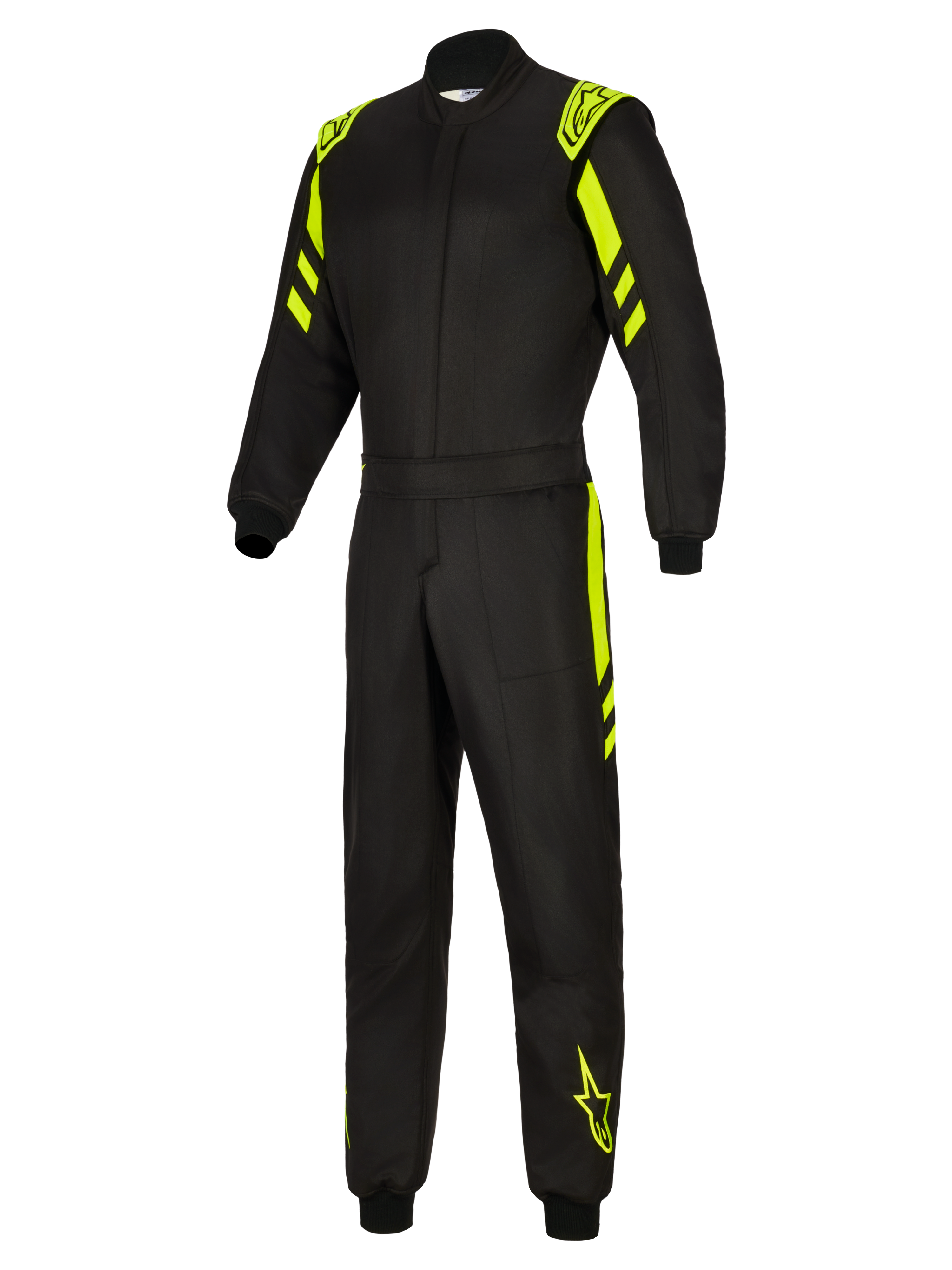 Alpinestars GP Race V3 Suit FIA, racingoverall för bil, svart och neongul, helbild framifrån med fluorescerande gula detaljer på axlar, armar och ben, professionell flamsäker racingoverall med Alpinestars-branding.